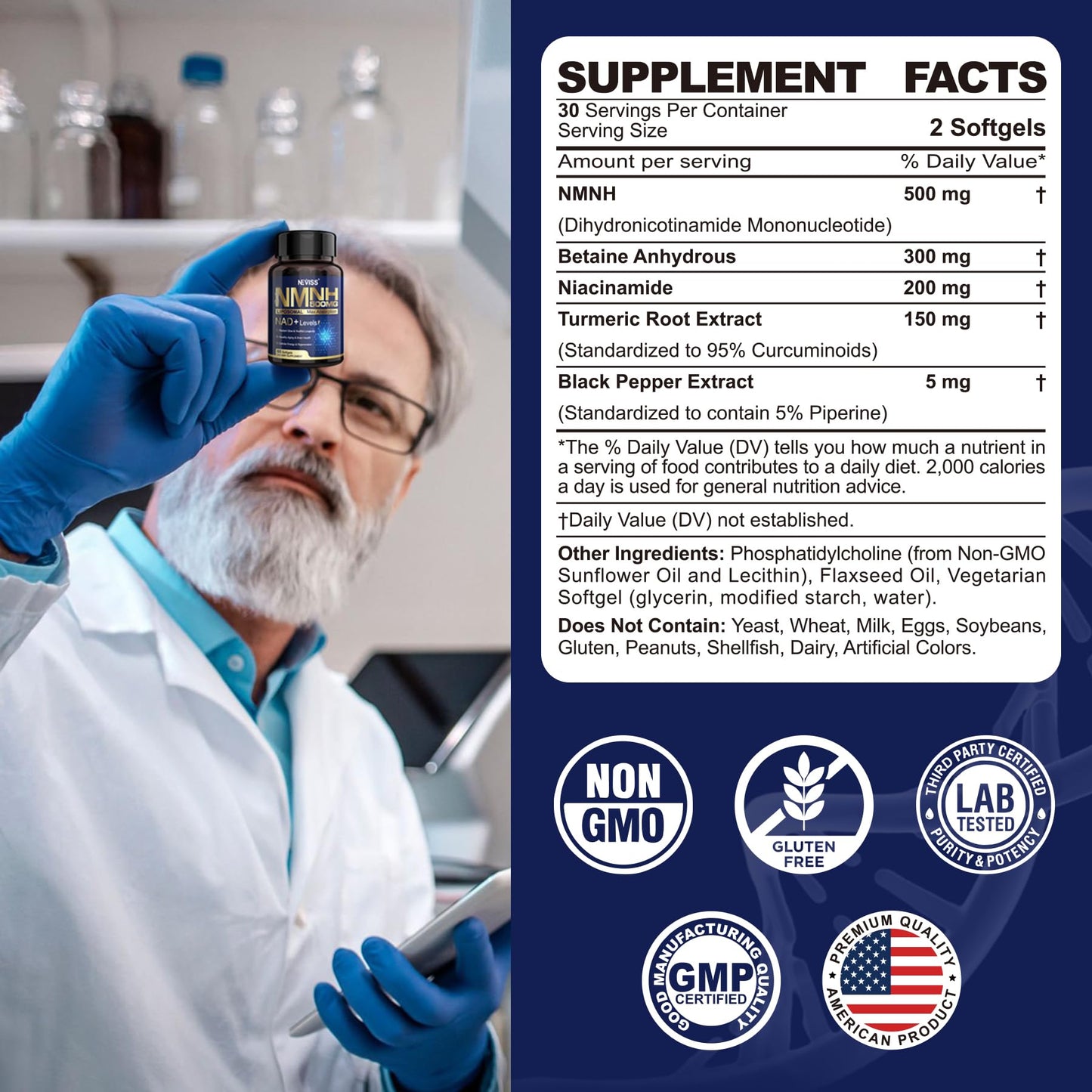 Paquete NEVISS suplemento NAD+ NMNH 500mg para envejecimiento sano