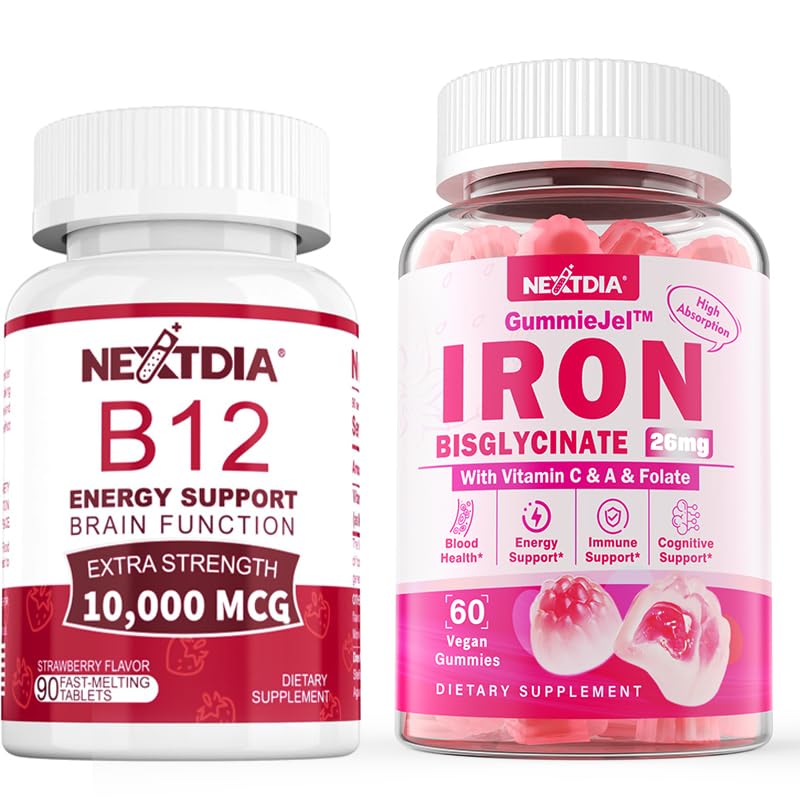 Paquete Nextdia vitaminas B12 10000 mcg y gomitas hierro veganas