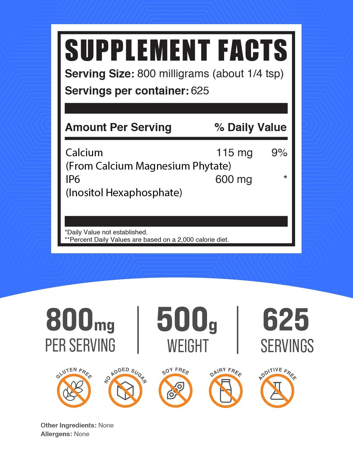 Paquete polvo BulkSupplements IP6 sin gluten 500 gramos