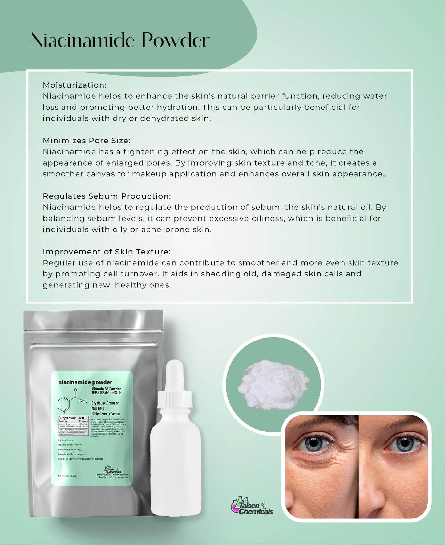 Paquete polvo niacinamida Talsen Chemicals vitamina b3