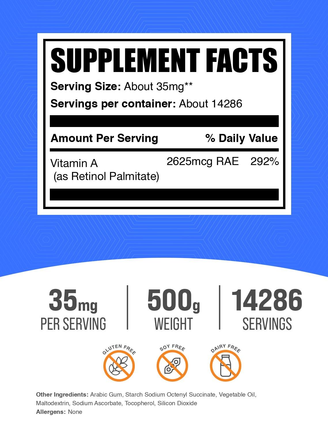Paquete polvo vitamina A BulkSupplements de 500 gramos