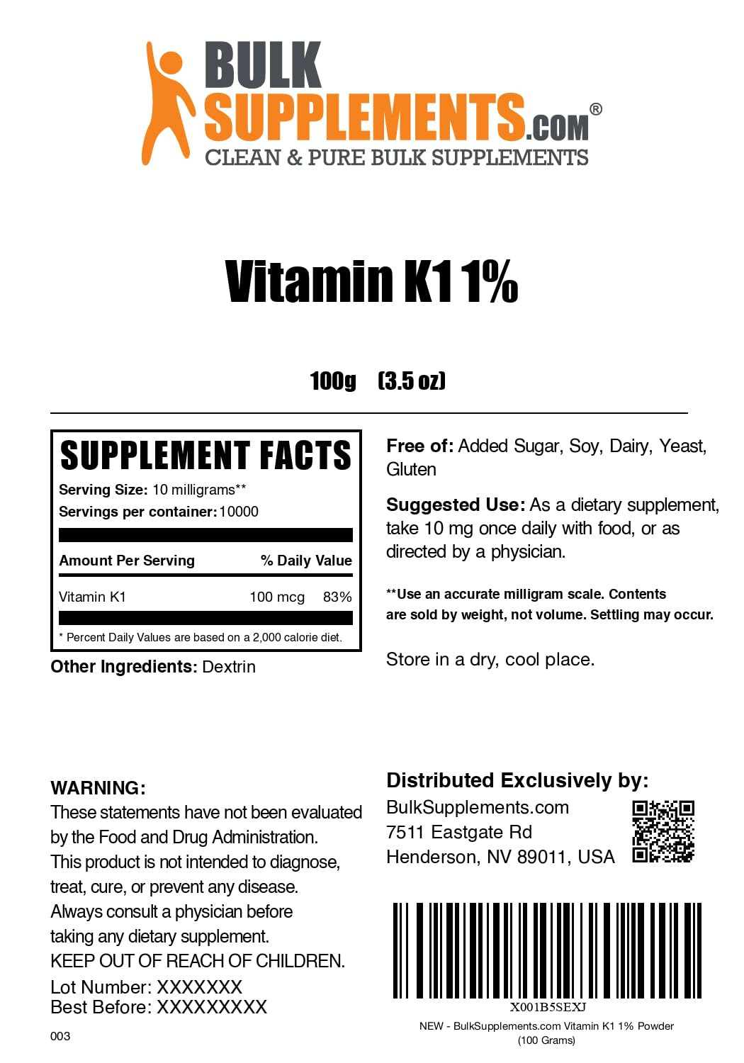Paquete de polvo vitamina k1 bulkSupplements 100 gramos