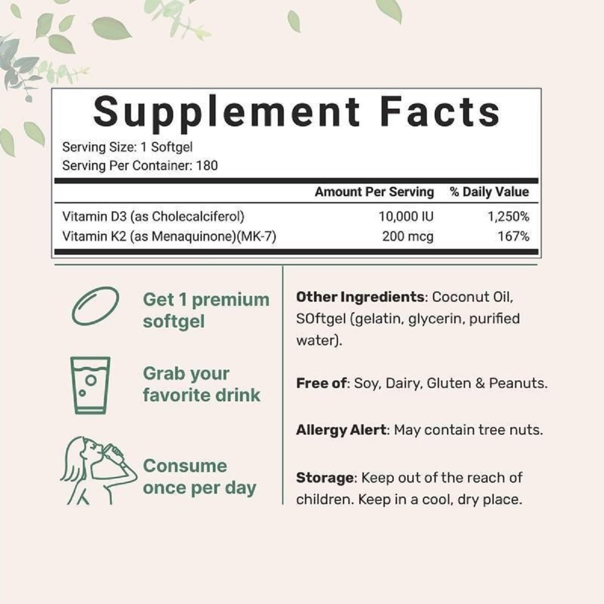 Paquete suplemento vitamina d3 k2 180 cápsulas blandas wfwj