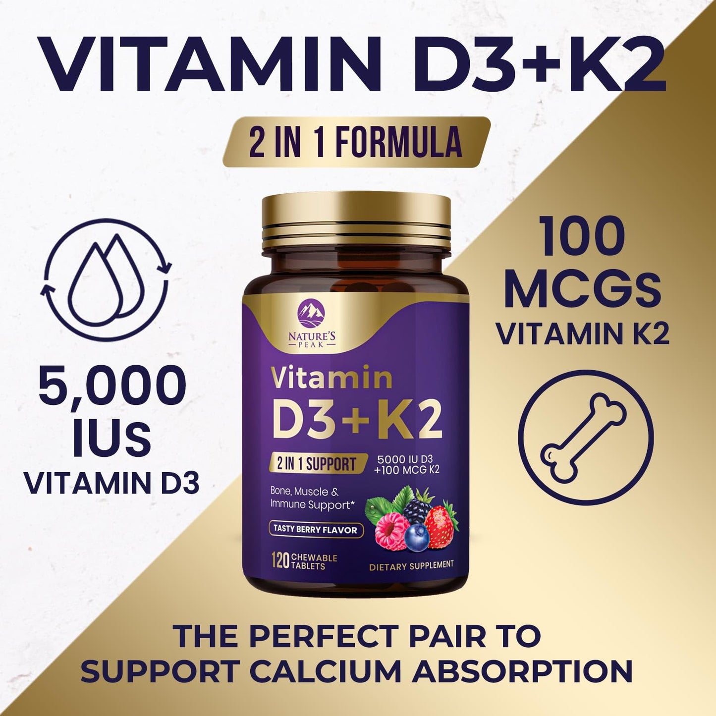 Paquete tabletas masticables natures peak vitamina d3 k2