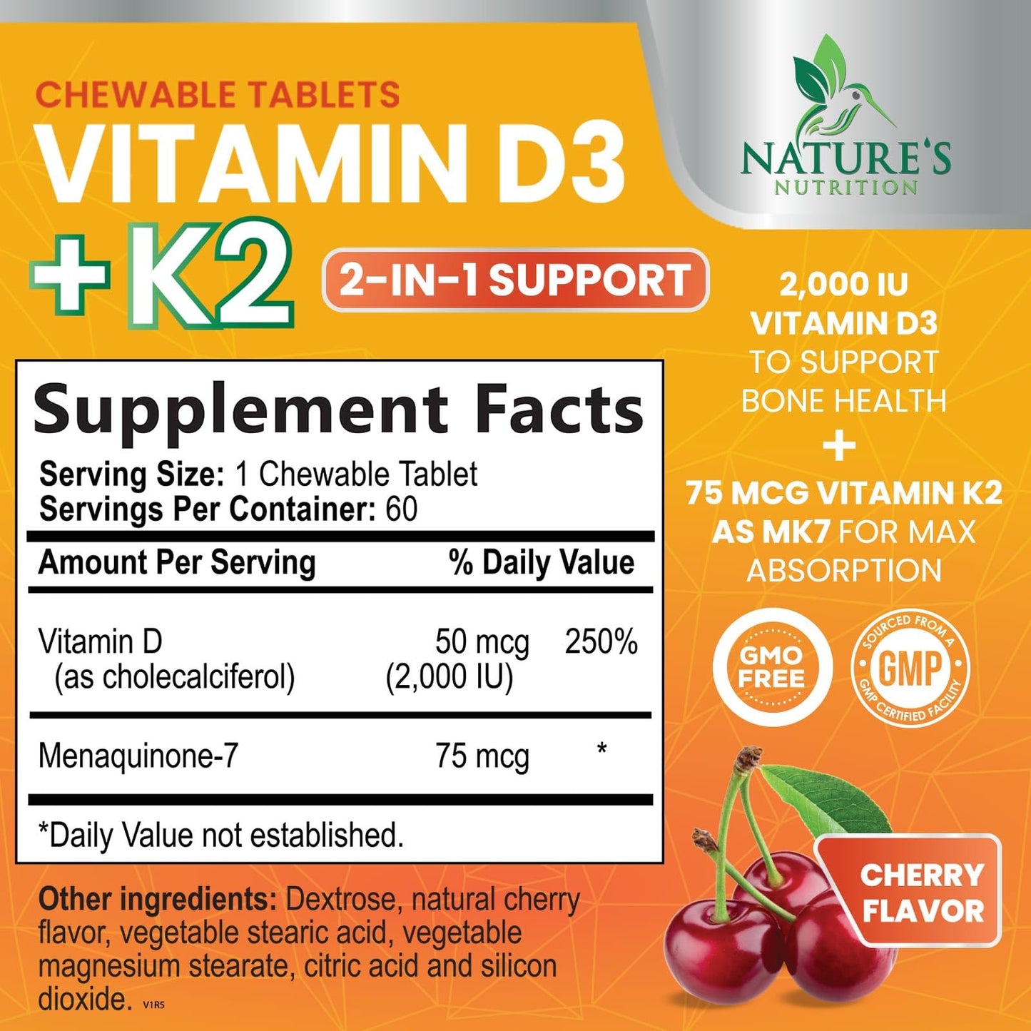 Paquete de tabletas masticables vitamina D3 K2 sabor cereza
