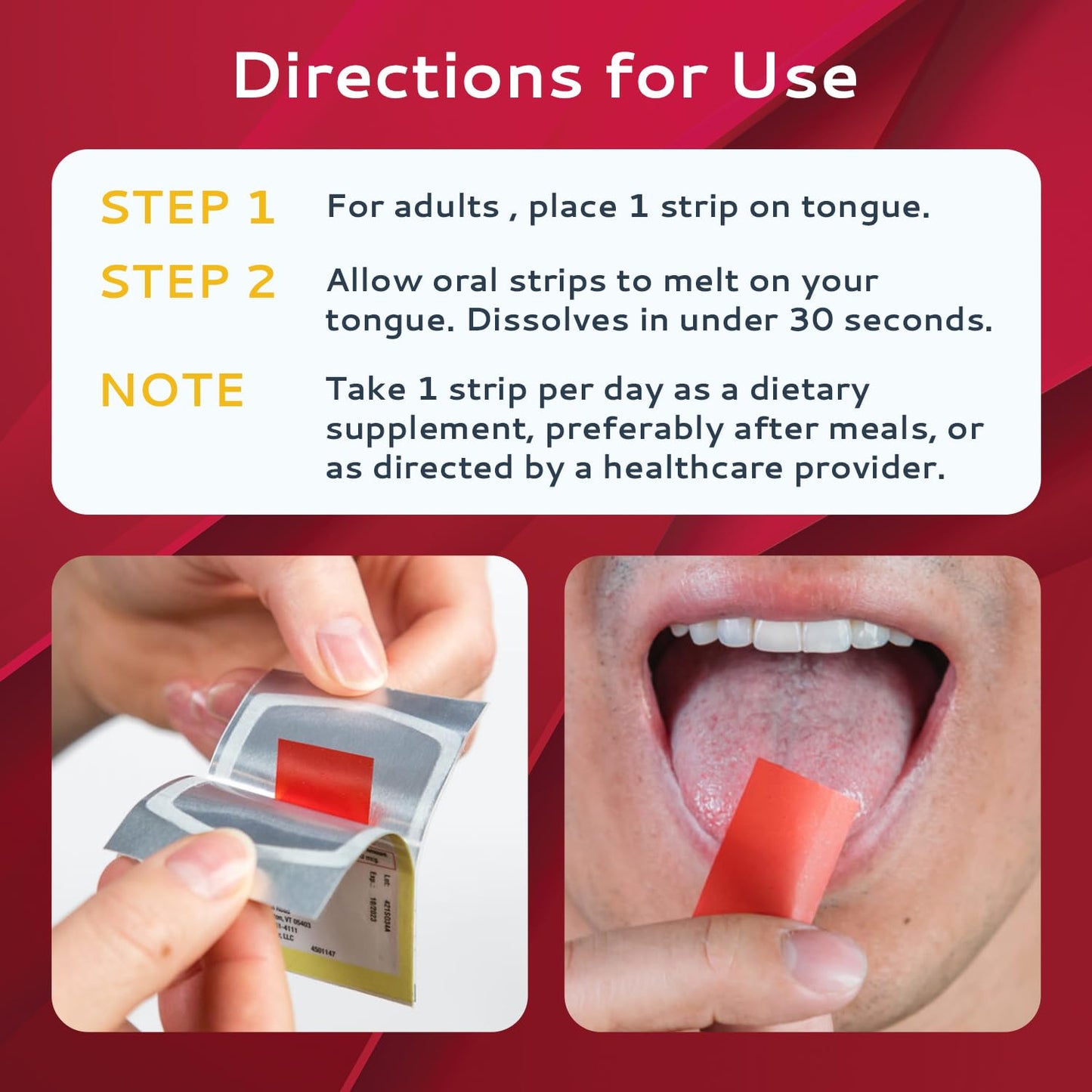 Paquete con tiras de vitamina B12 Calmour blister individual