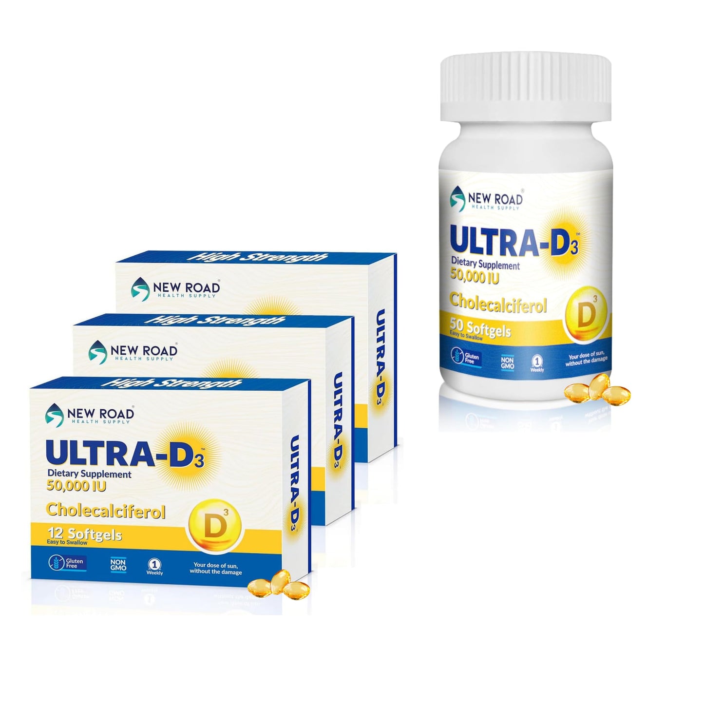 Paquete ULTRA-D3 vitaminas D3 50000 IU 3 blísters y botella