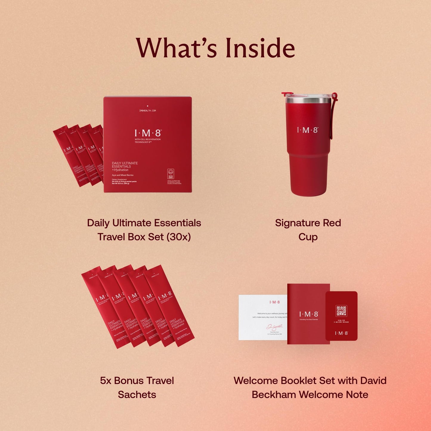Paquete de viaje IM8 Essentials con vaso incluido
