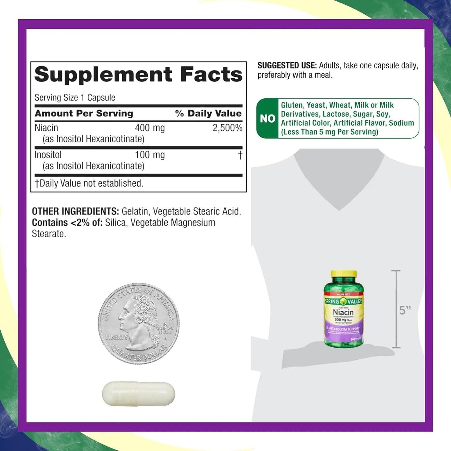 Paquete único vitamina b3 niacina suplemento 500 mg sin rubor 240 pastillas