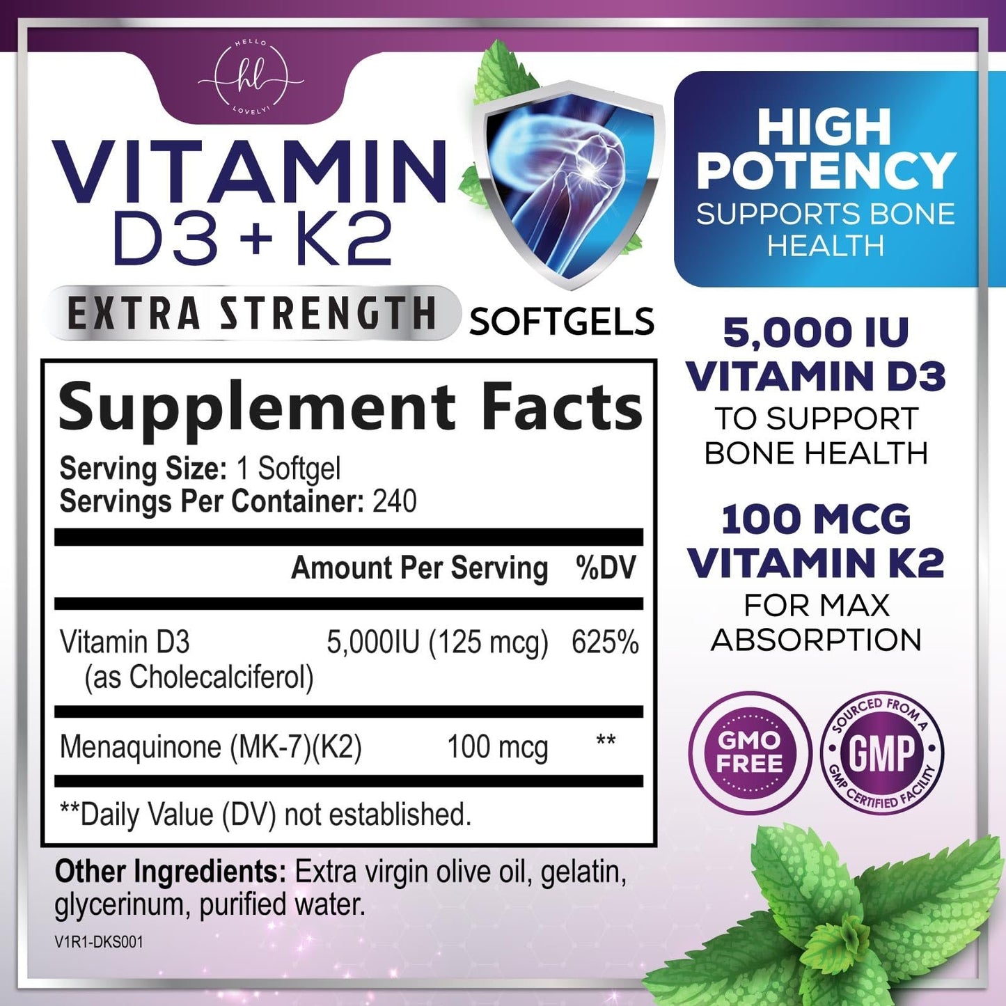 Paquete Vitamina D3 K2 240 cápsulas no transgénicas