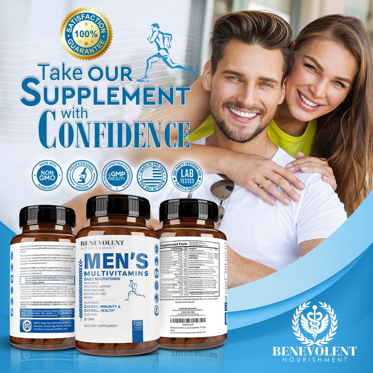 Pareja feliz promocionando multivitamínico para hombres