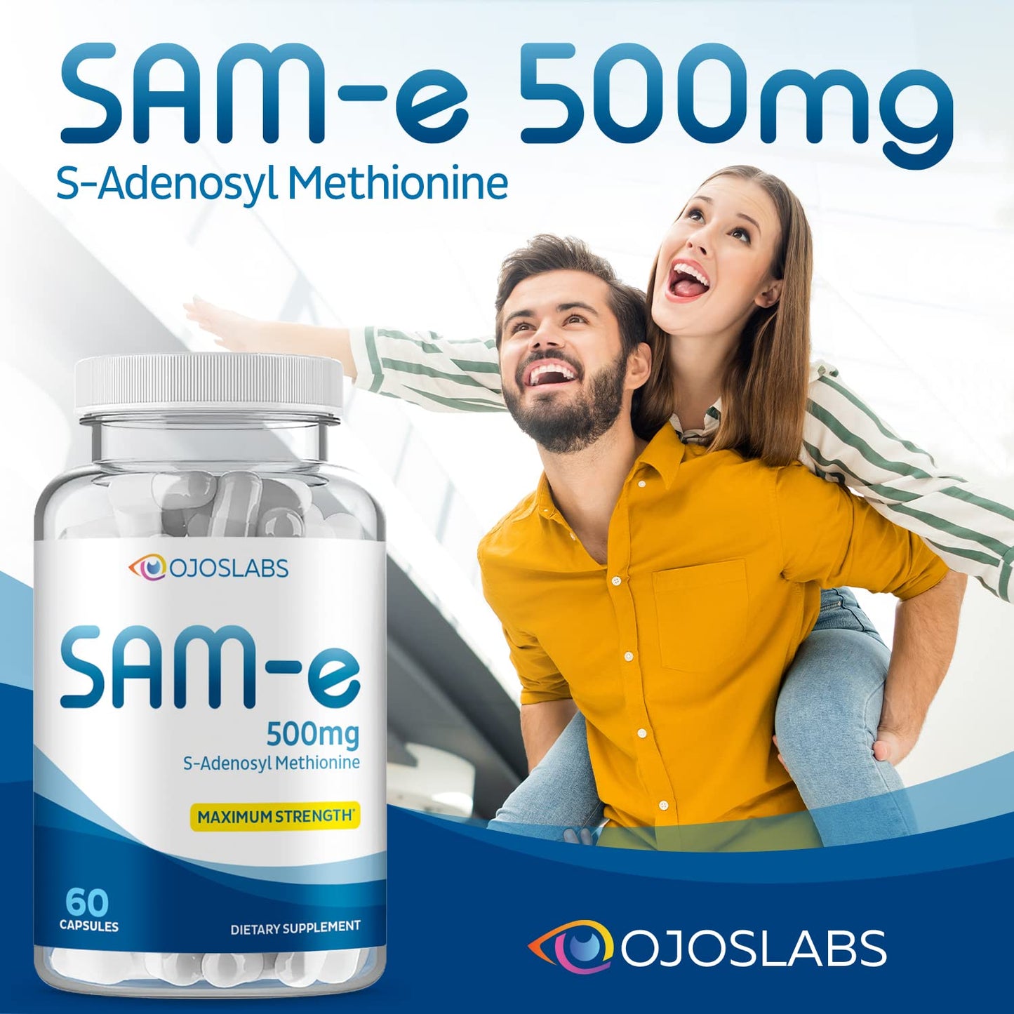 Pareja feliz sosteniendo suplemento SAM-e 500mg OjosLabs