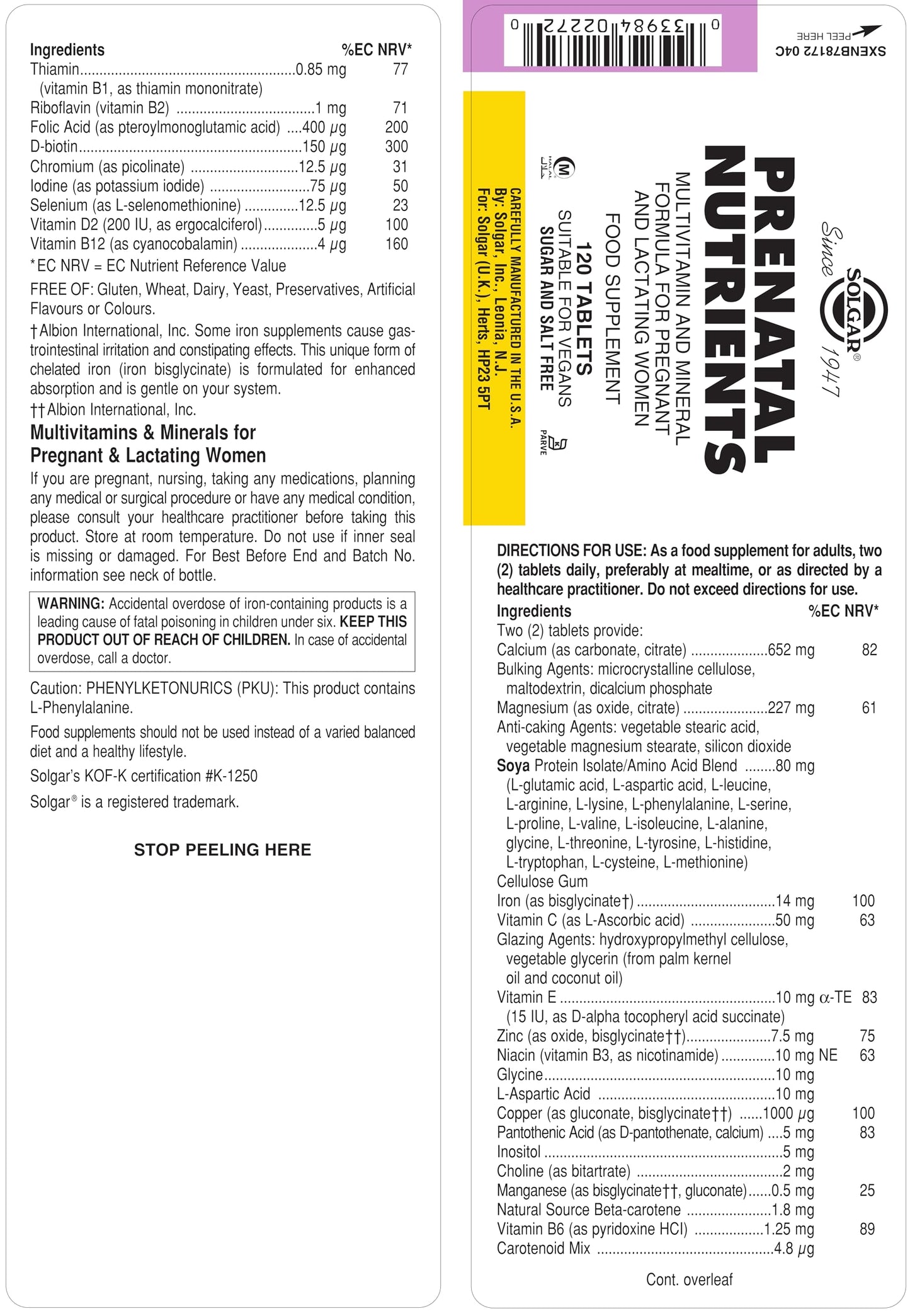 Parte frontal caja Solgar Prenatal Nutrients multivitaminas