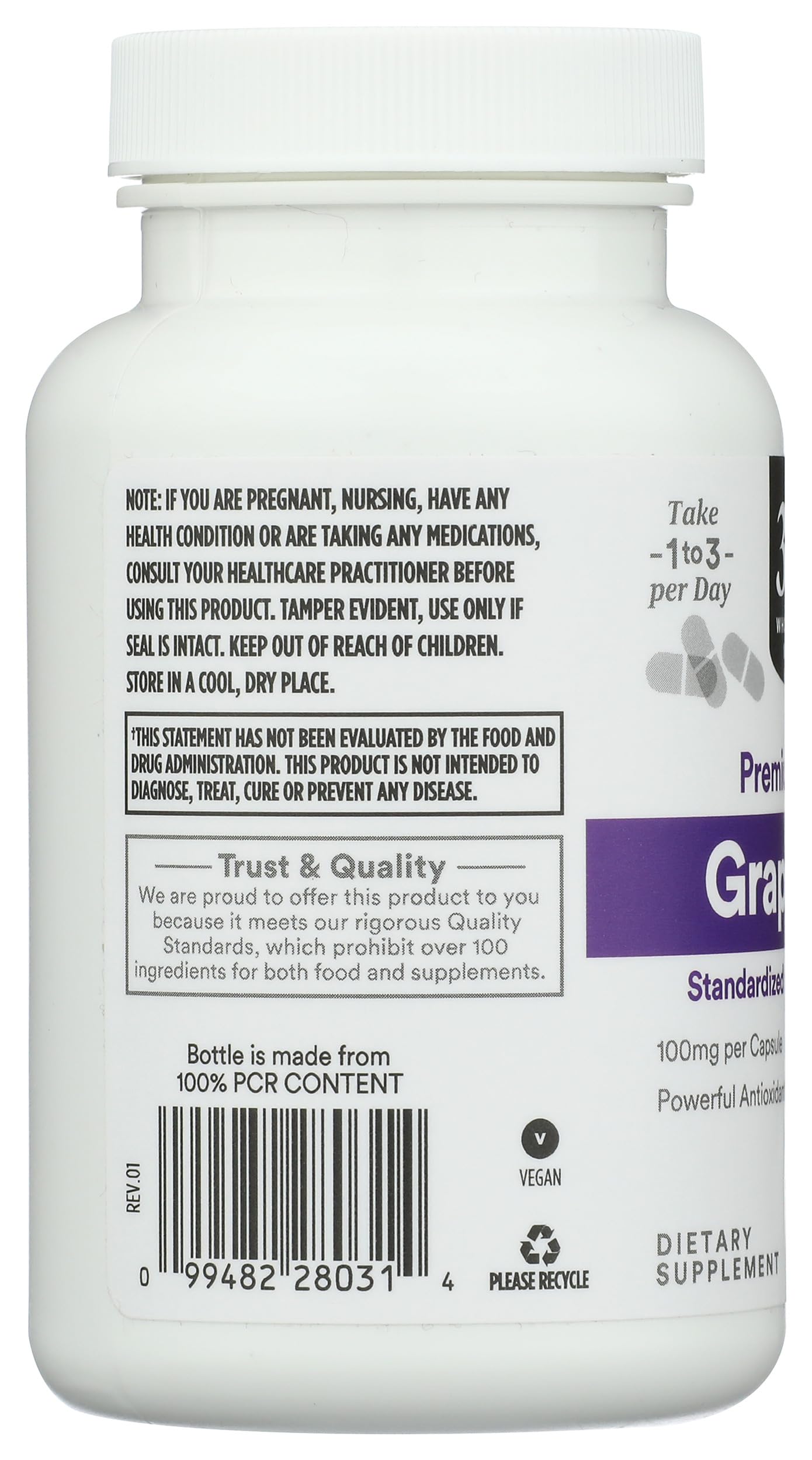 Parte trasera de la botella de extracto de semilla de uva con recomendaciones.