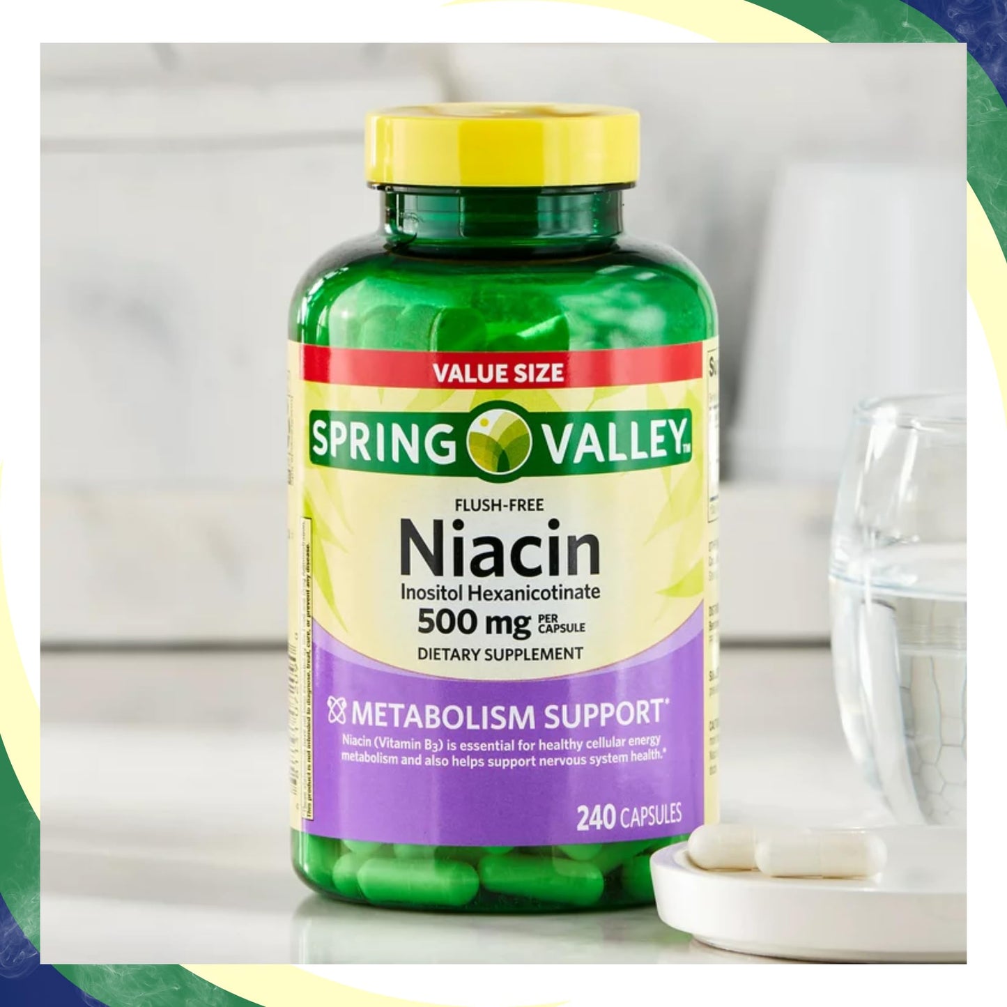 Parte trasera envase cápsulas niacina Spring Valley 240 pastillas