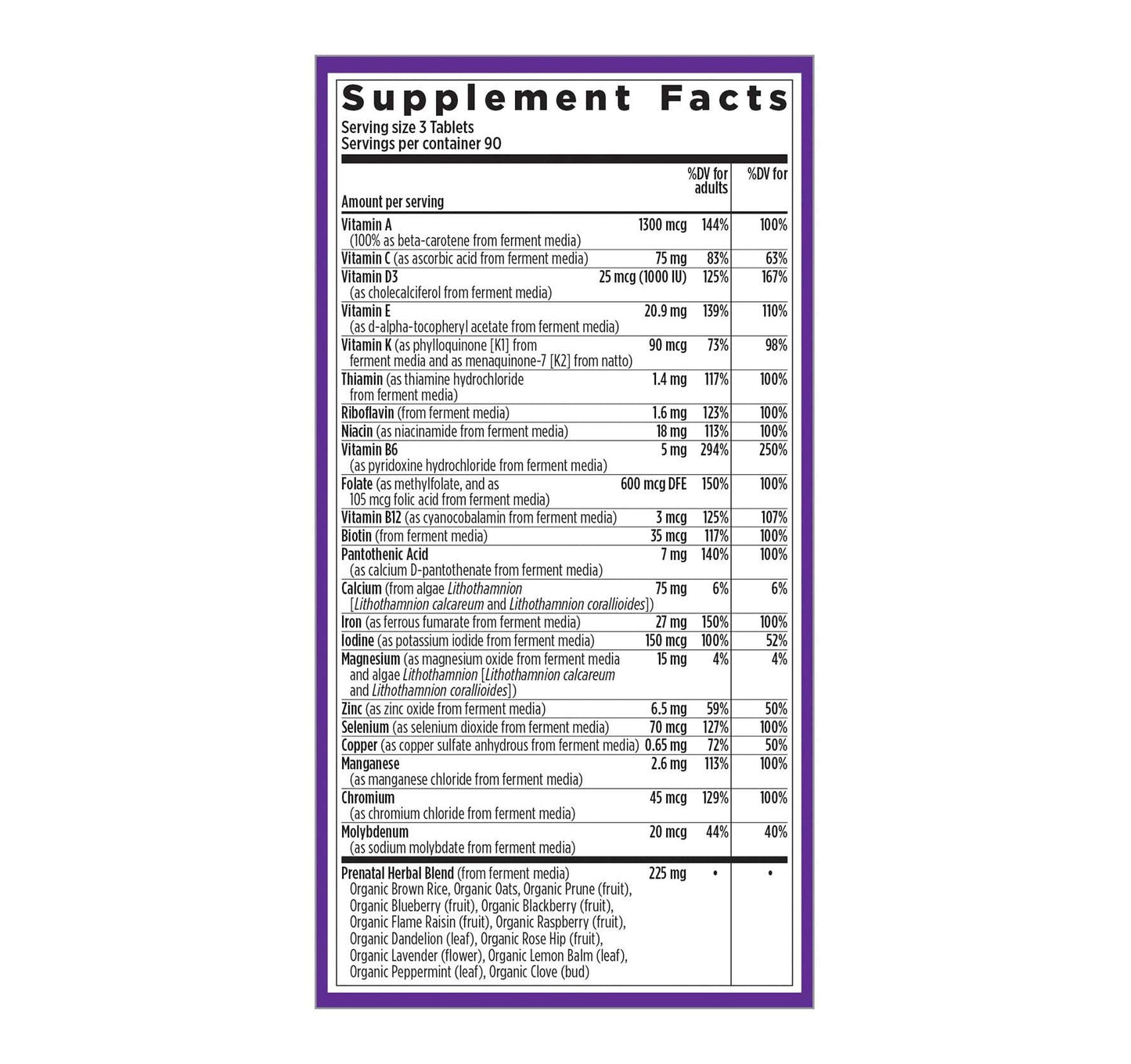 Parte trasera etiqueta multivitamínico prenatal New Chapter