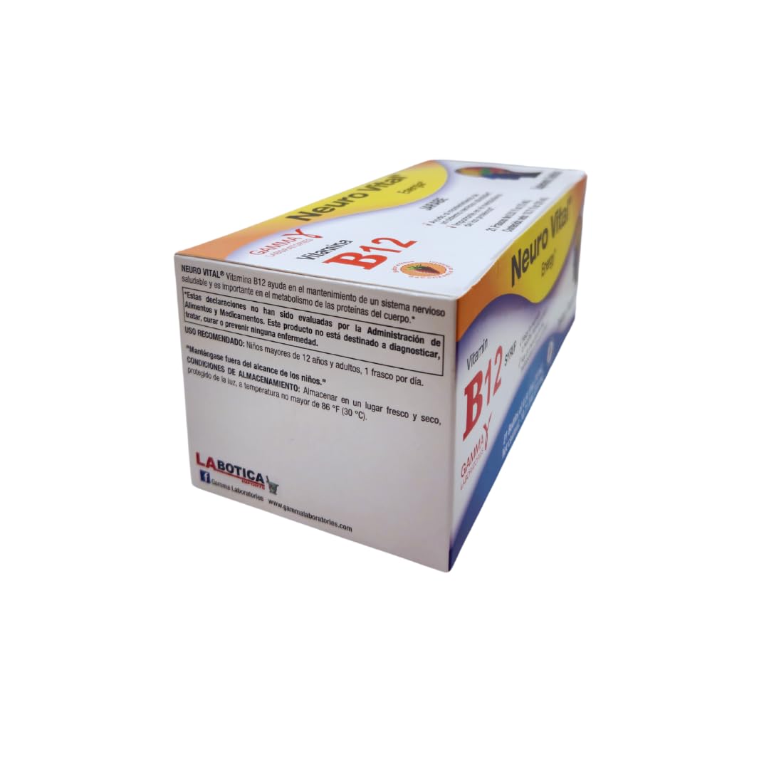 Parte trasera frasco Neuro Vital Vitamina B12 21 cápsulas