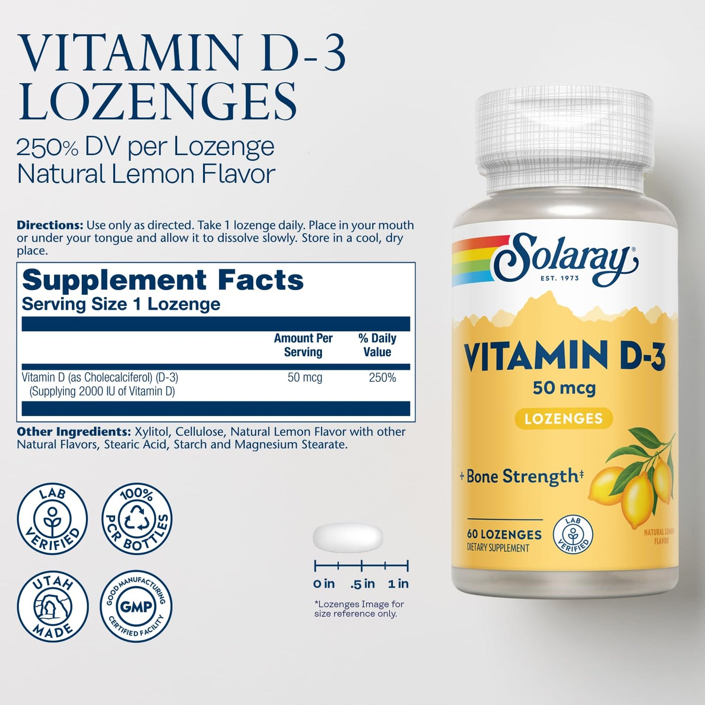 Pastillas Solaray vitamina D3 para huesos fuertes y sistema inmune