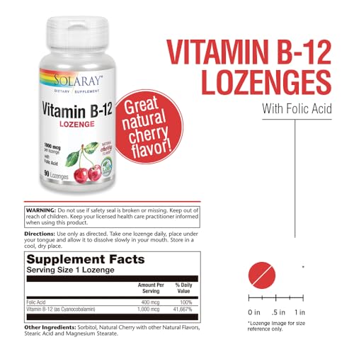 Pastillas vitamina B12 SOLARAY con ácido fólico para energía y nervios