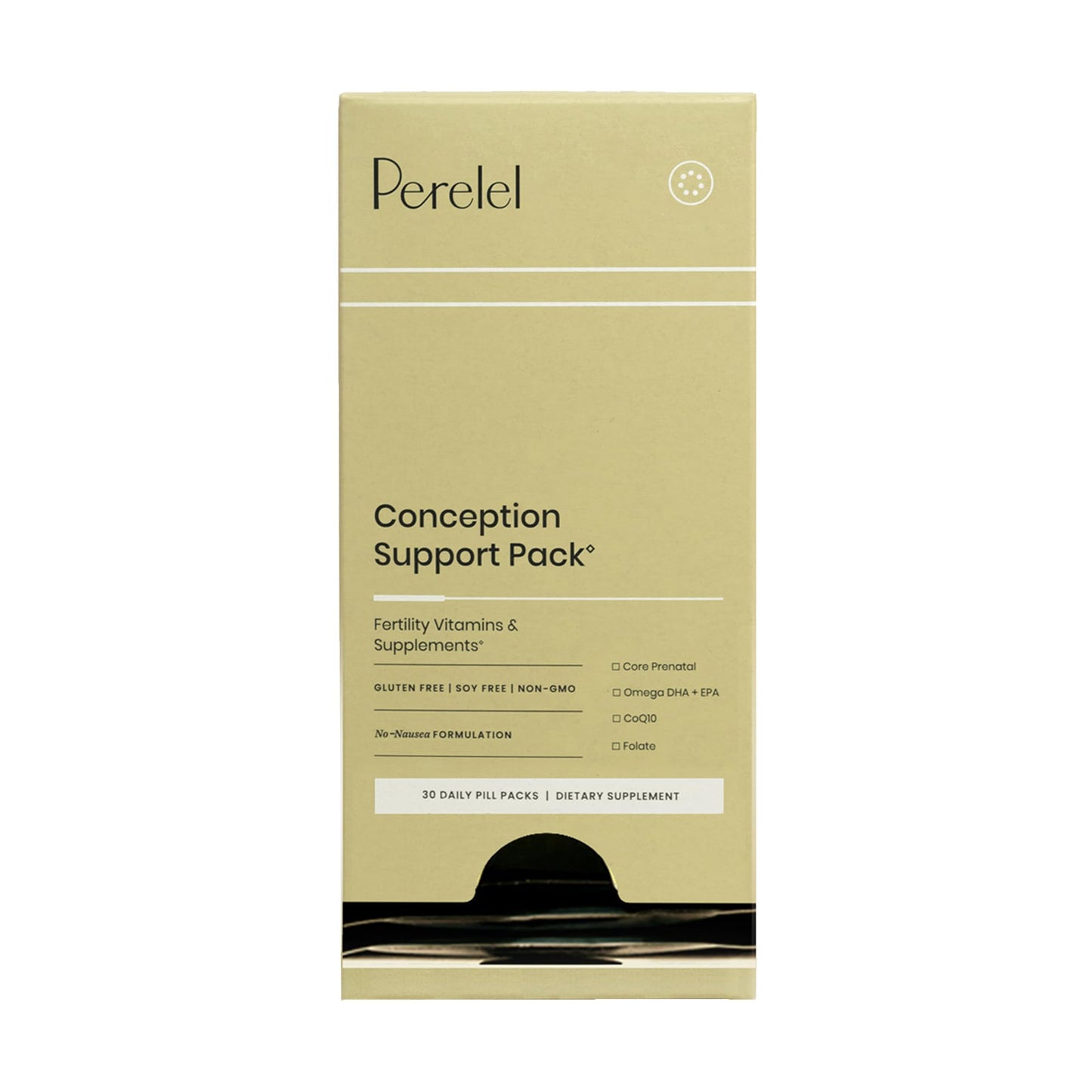 Caja de Perelel paquete de apoyo a la concepción con detalles de vitaminas.