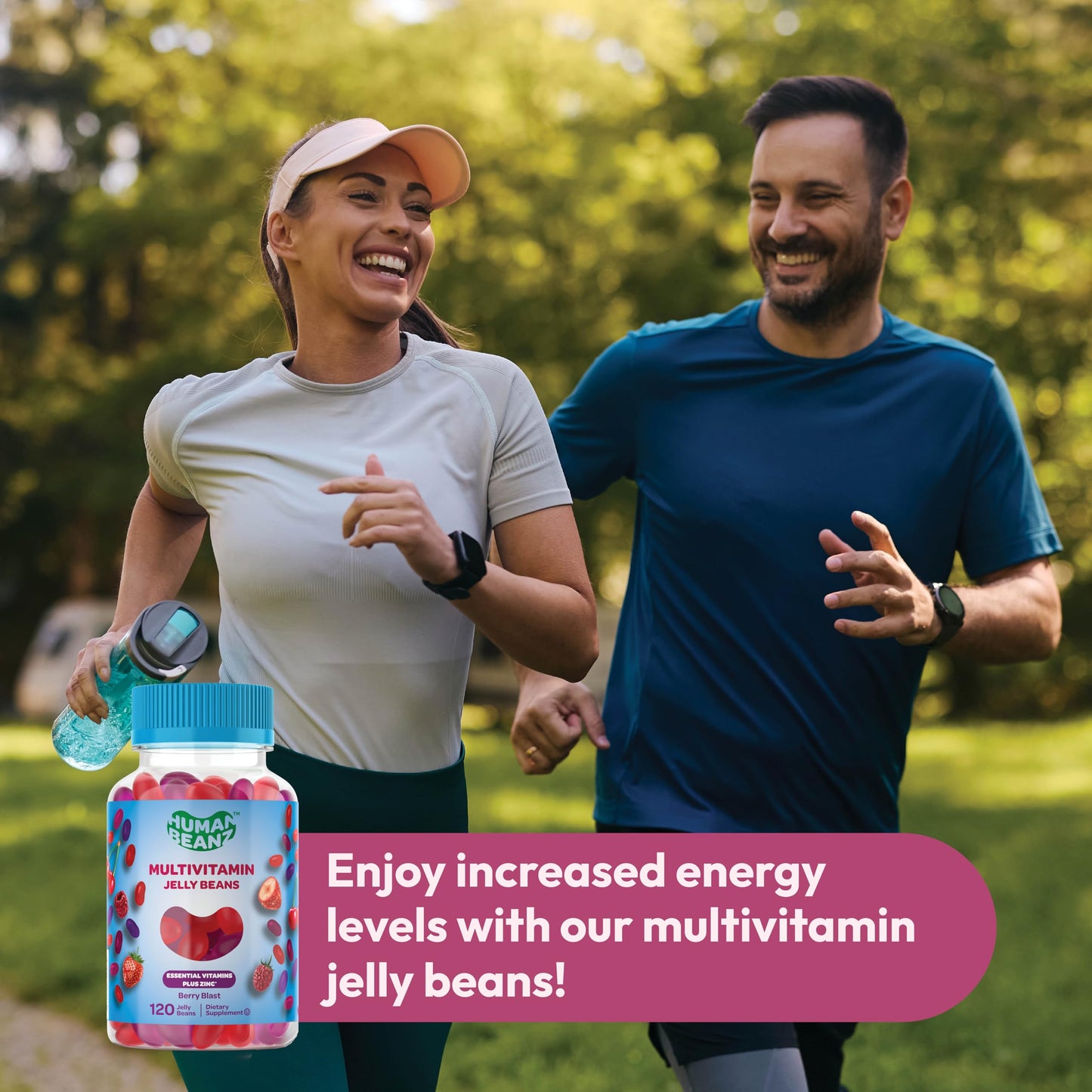 Persona sonriendo con gominolas multivitamínicas