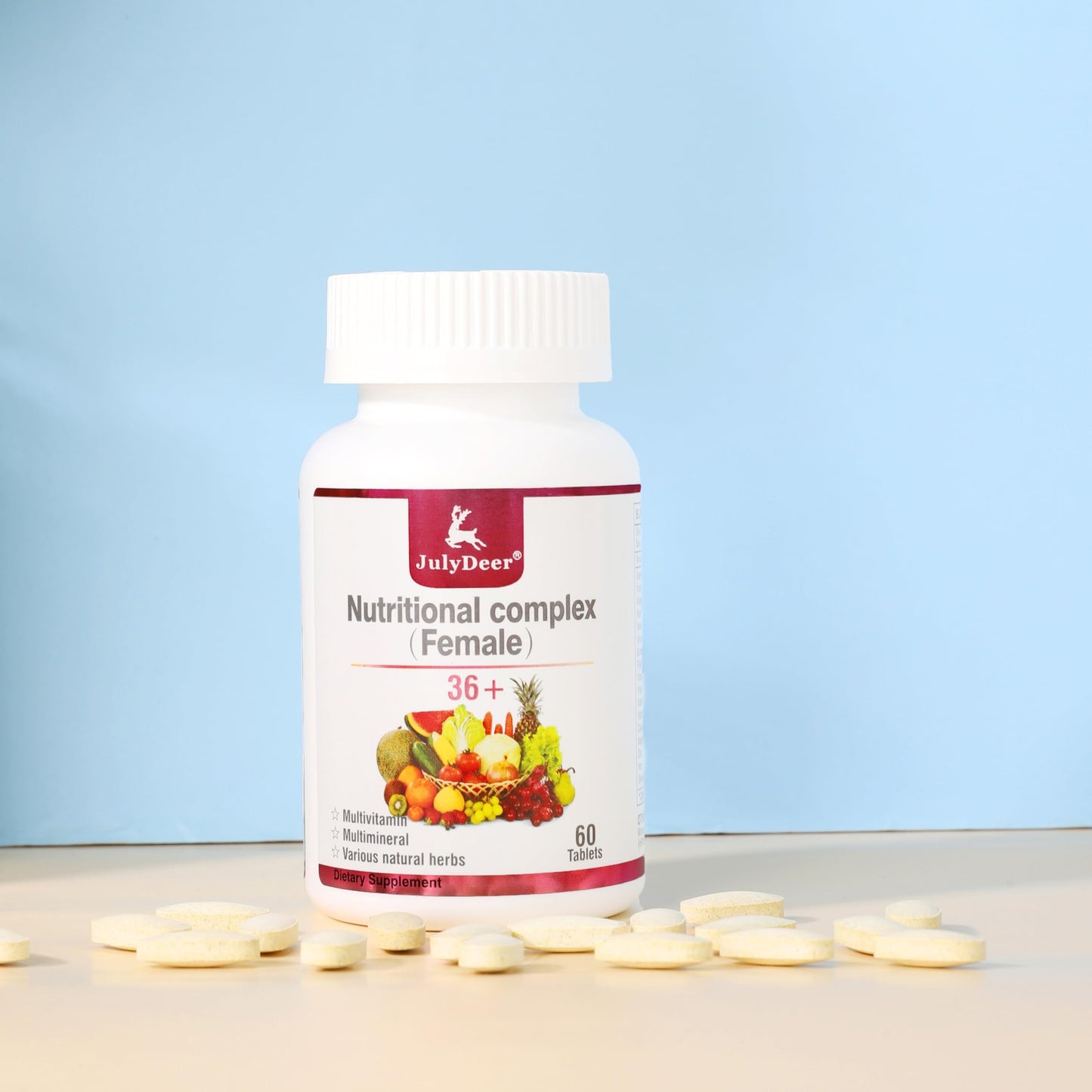 Píldoras y botella de multivitaminas JulyDeer