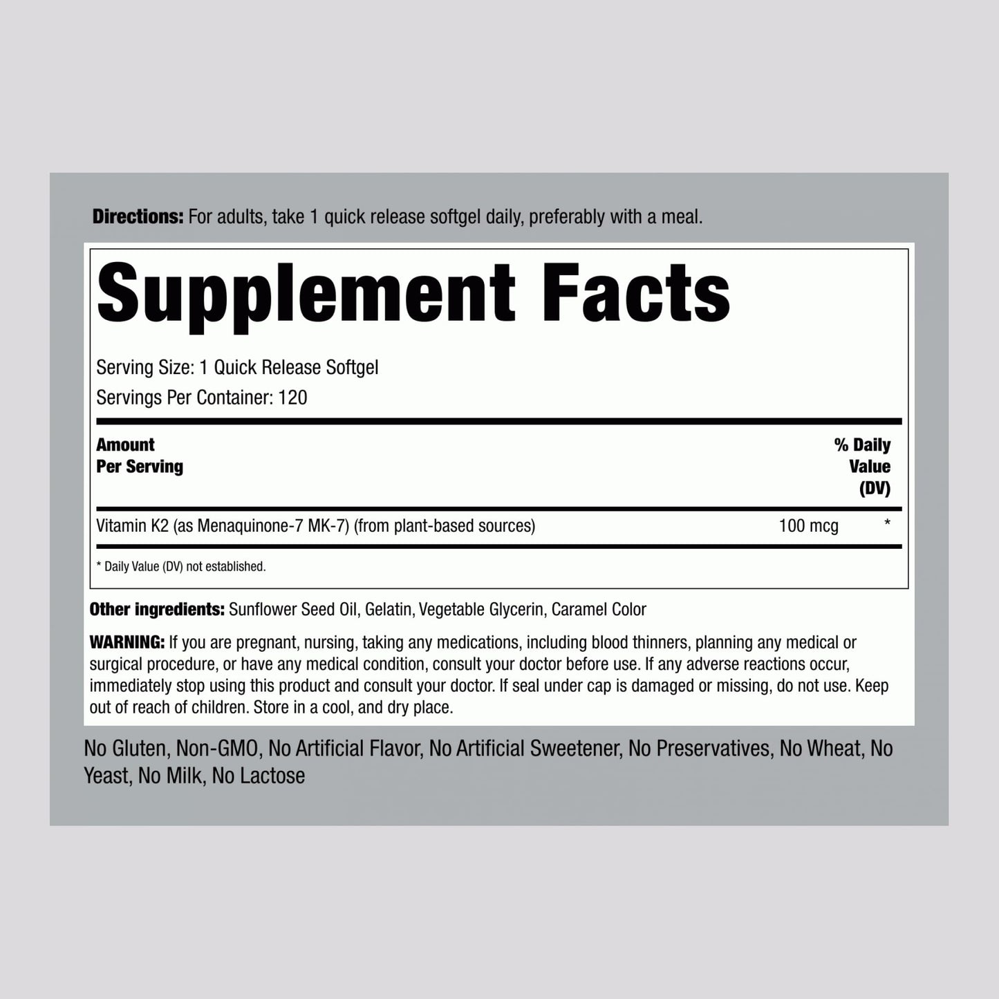Suplemento Piping Rock Vitamina K2 MK-7 sin gluten