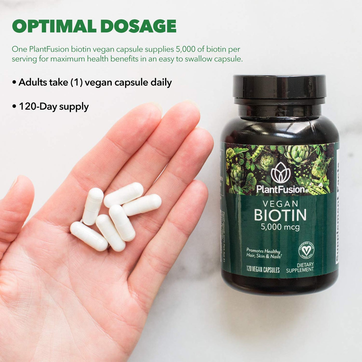 Etiqueta suplemento PlantFusion biotina vegana 5000mcg