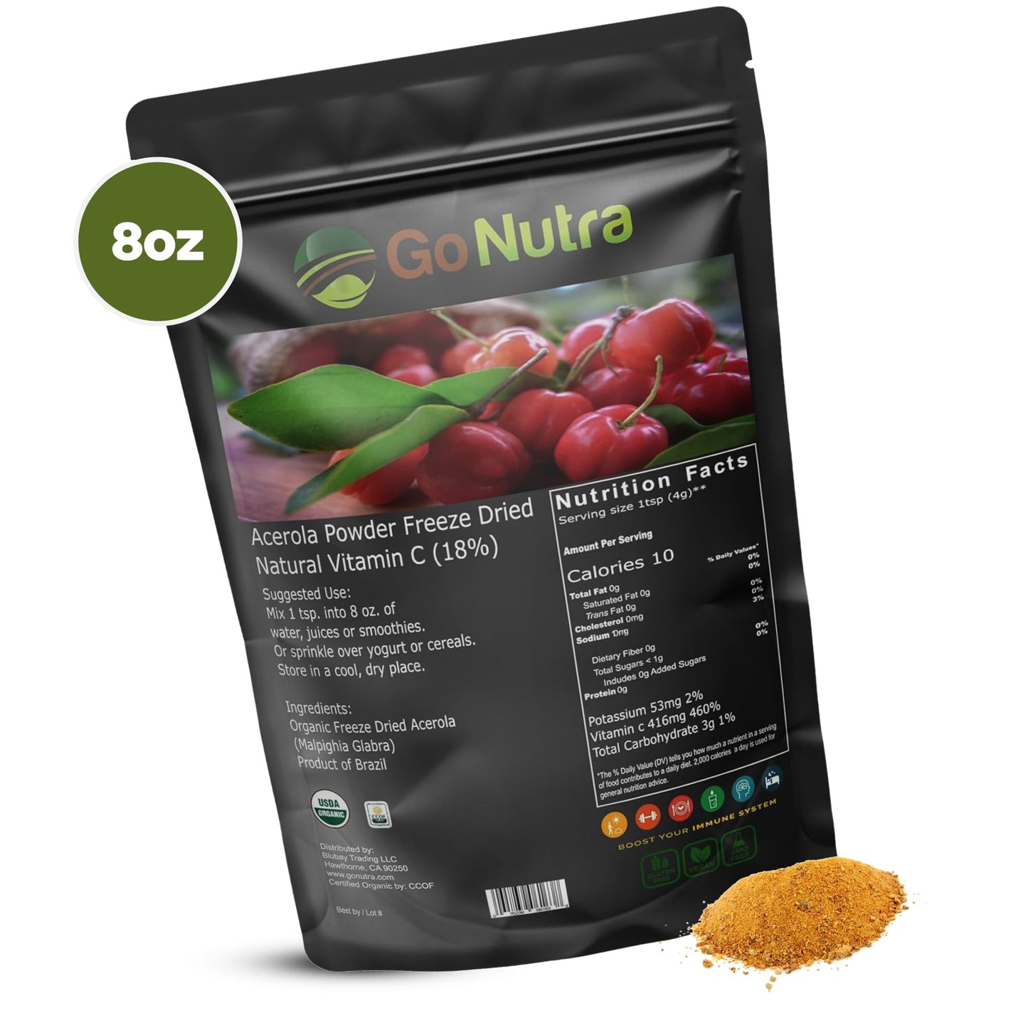 Polvo acerola Go Nutra certificado orgánico sin GMO