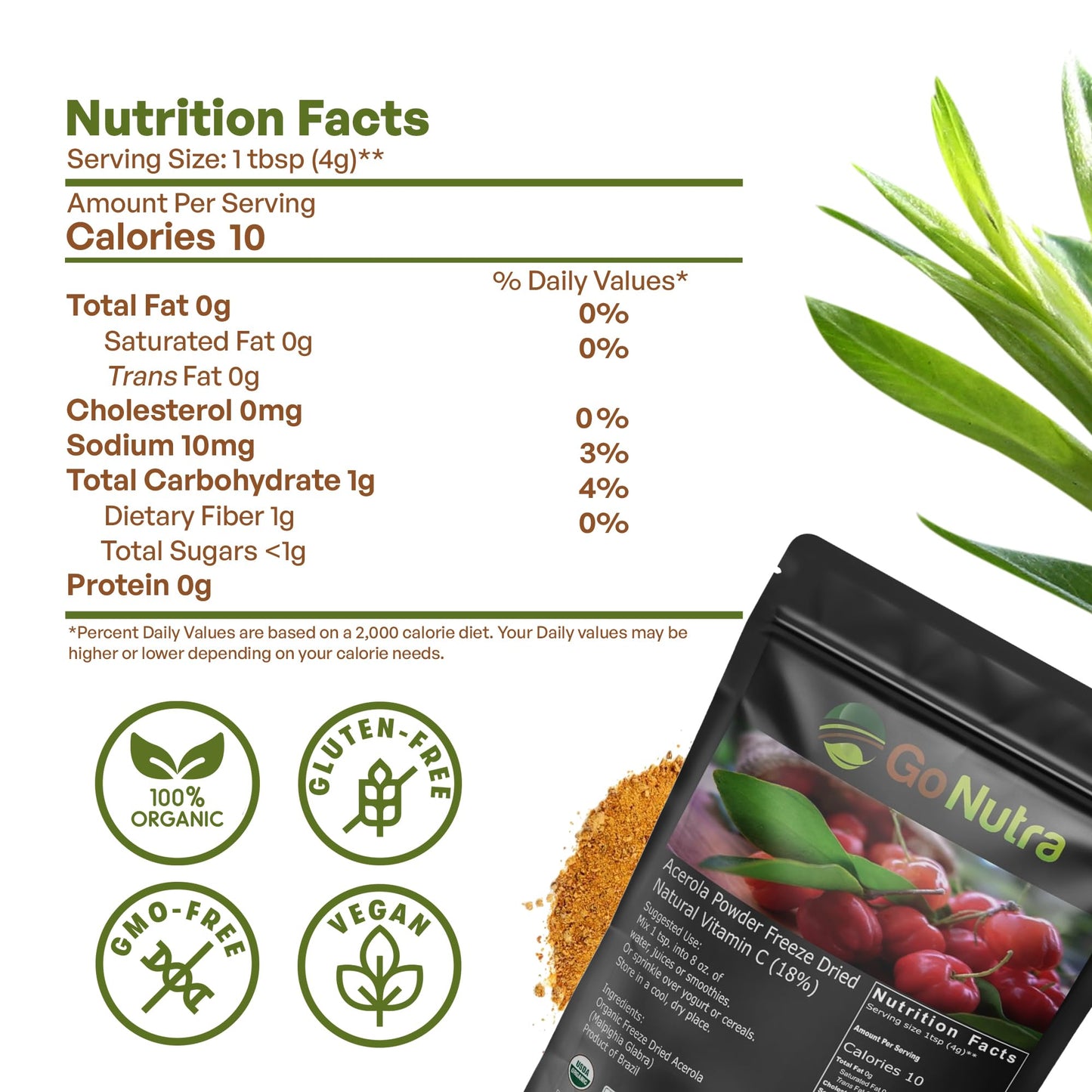 Polvo acerola liofilizado Go Nutra vegano 8oz