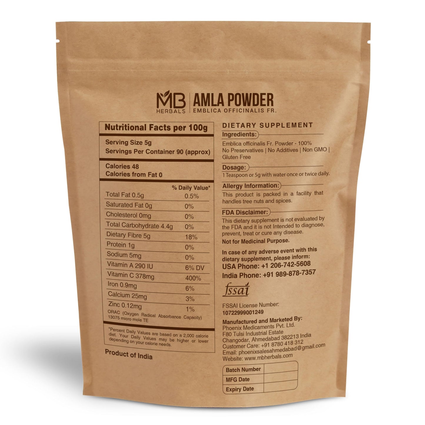 Polvo amla natural MB Herbals sin conservadores y sin gluten
