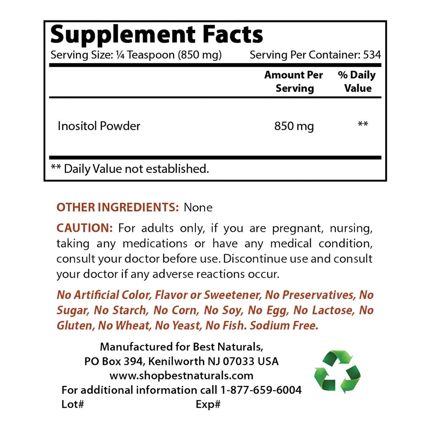 Polvo Inositol 1 libra Best Naturals para suplemento dietético
