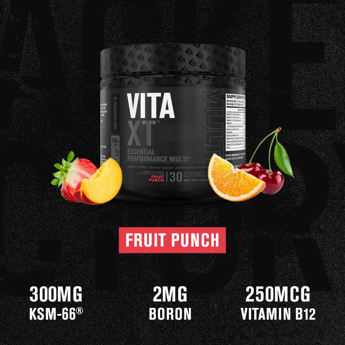 Polvo multivitamínico de rendimiento esencial con sabor a ponche de frutas.