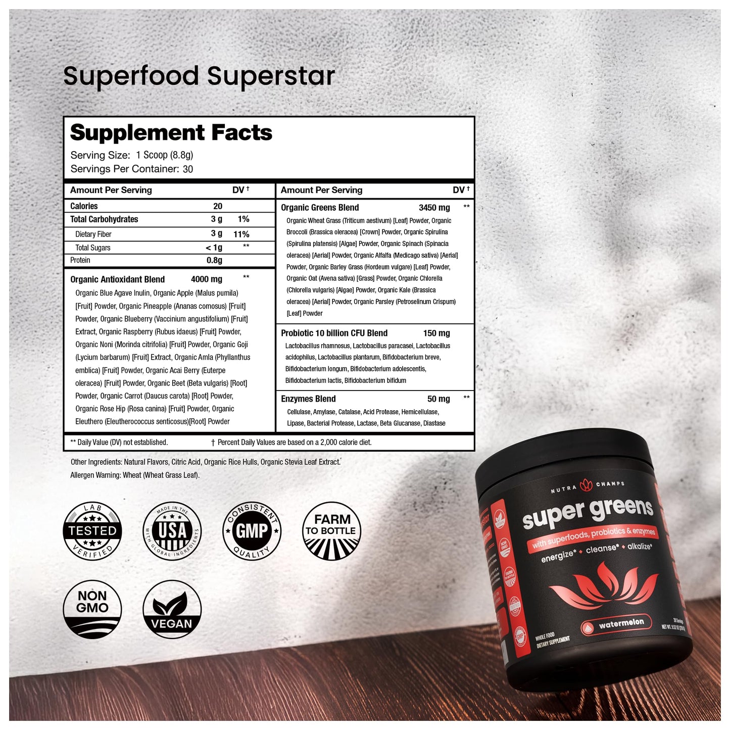 Polvo nutritivo NutraChamps Super Greens ingredientes orgánicos