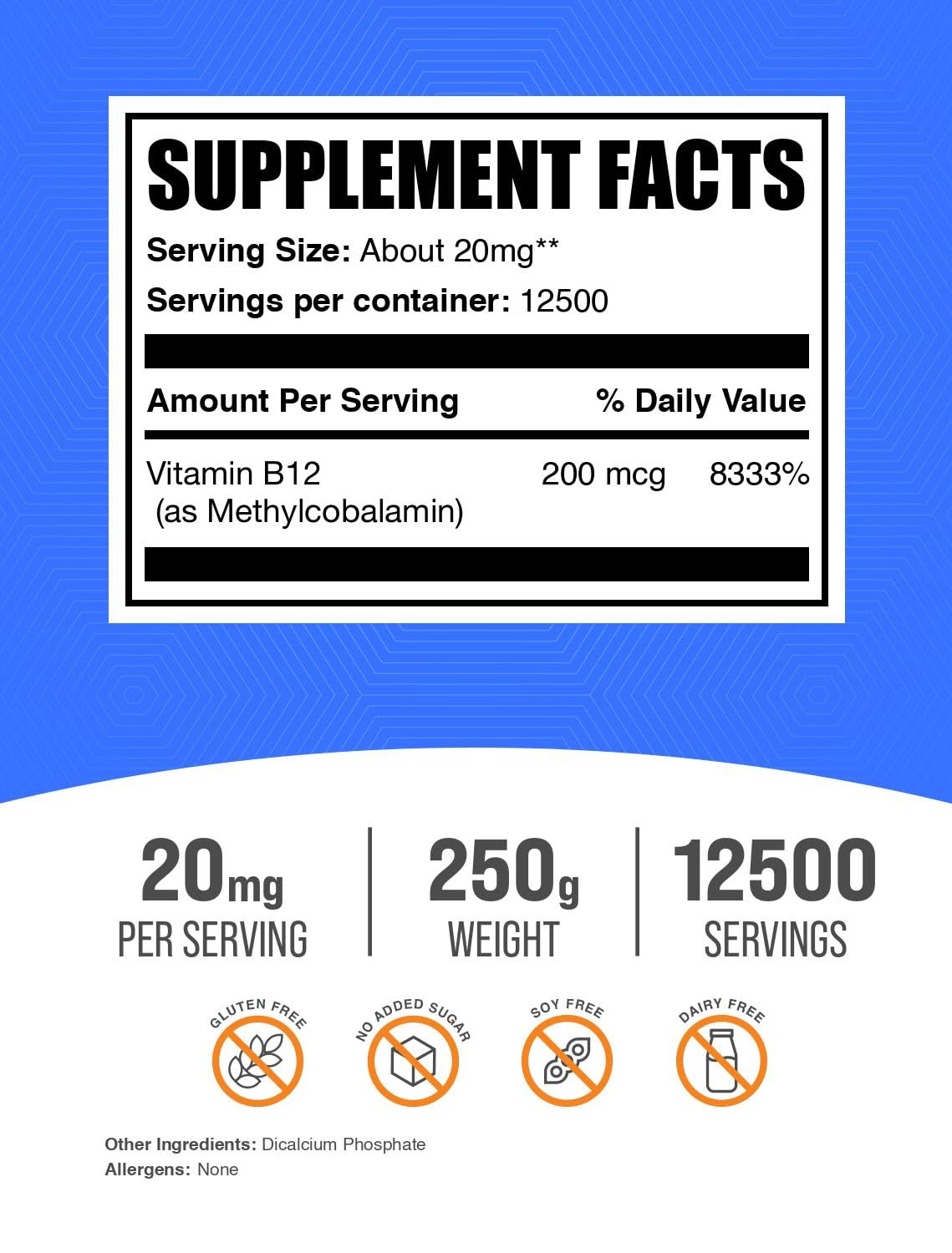 Polvo vitamina b12 bulkSupplements etiqueta frontal