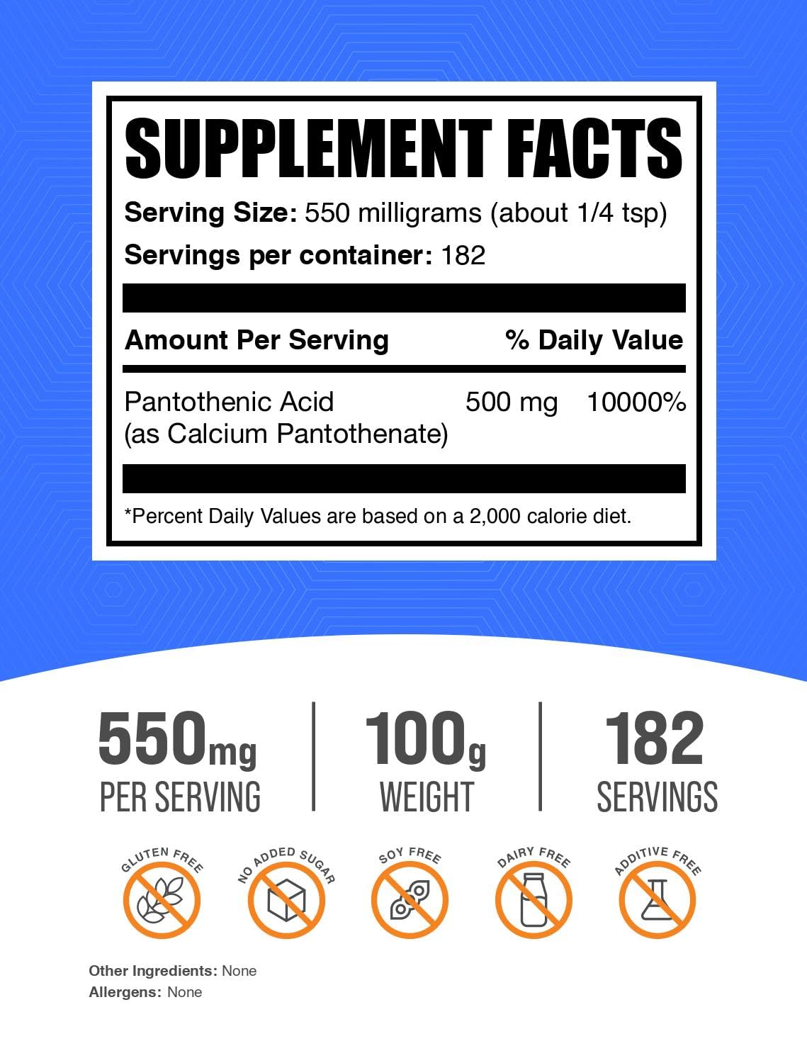 Polvo vitamina B5 BulkSupplements saco lateral 100g