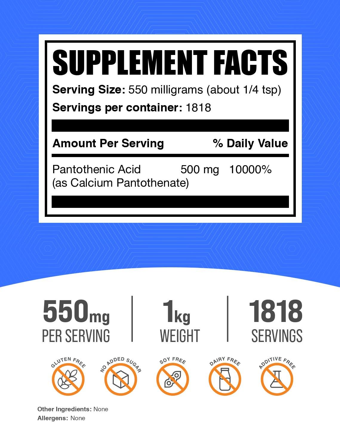 Polvo vitamina B5 BulkSupplements vista lateral saco