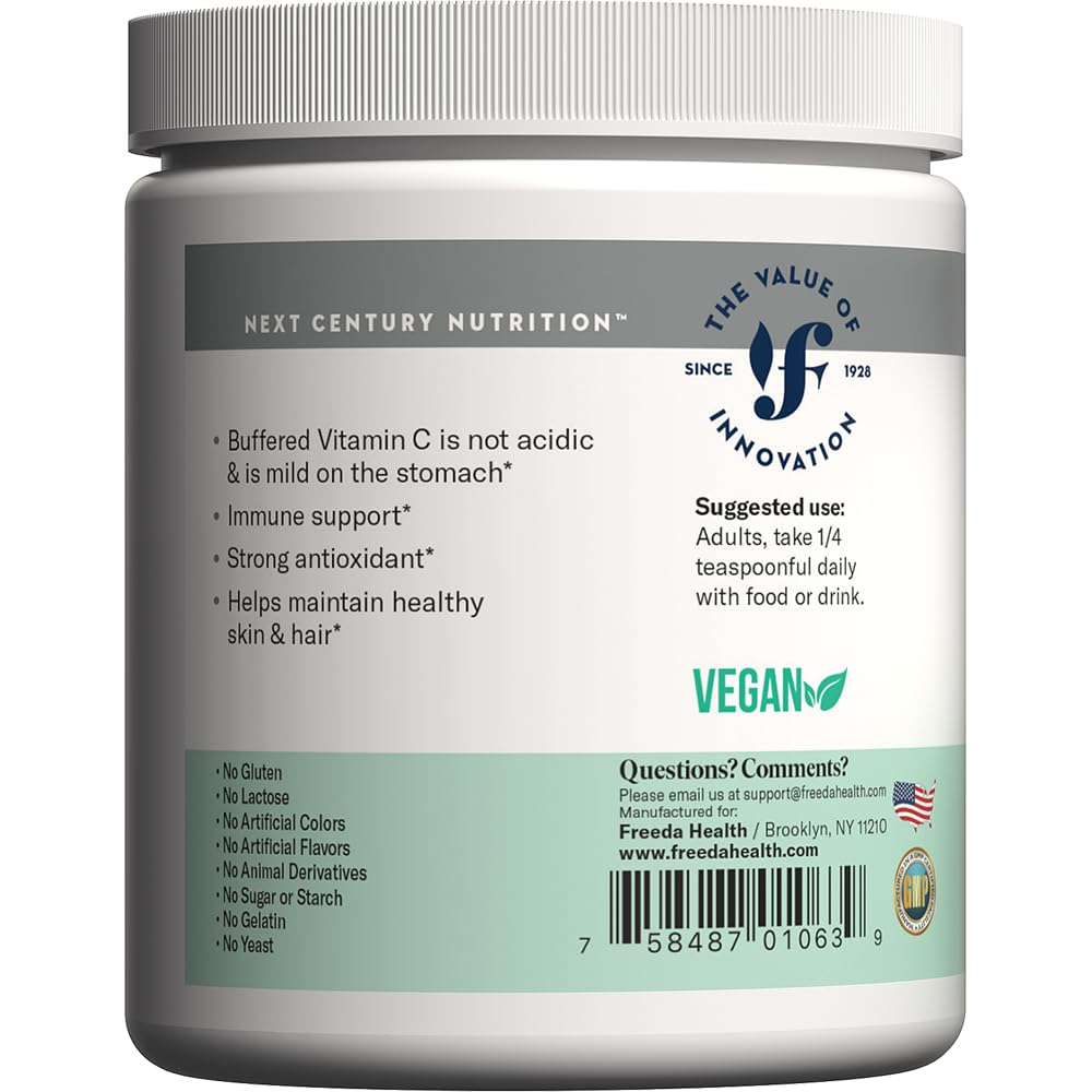 Polvo vitamina C bufferizada Freeda empaque lateral 16 oz