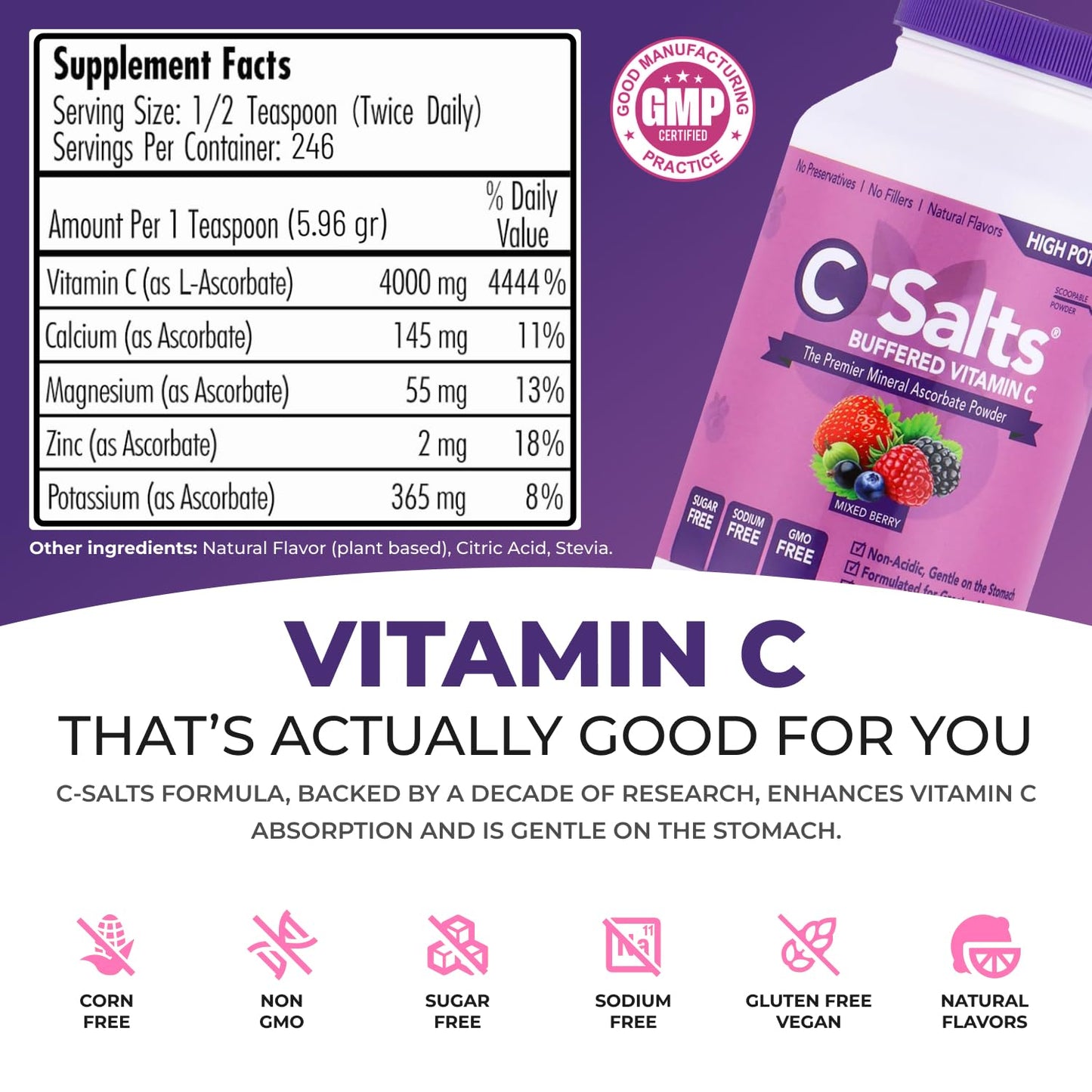 Polvo vitamina C C-Salts alta dosis sabor mezcla de bayas