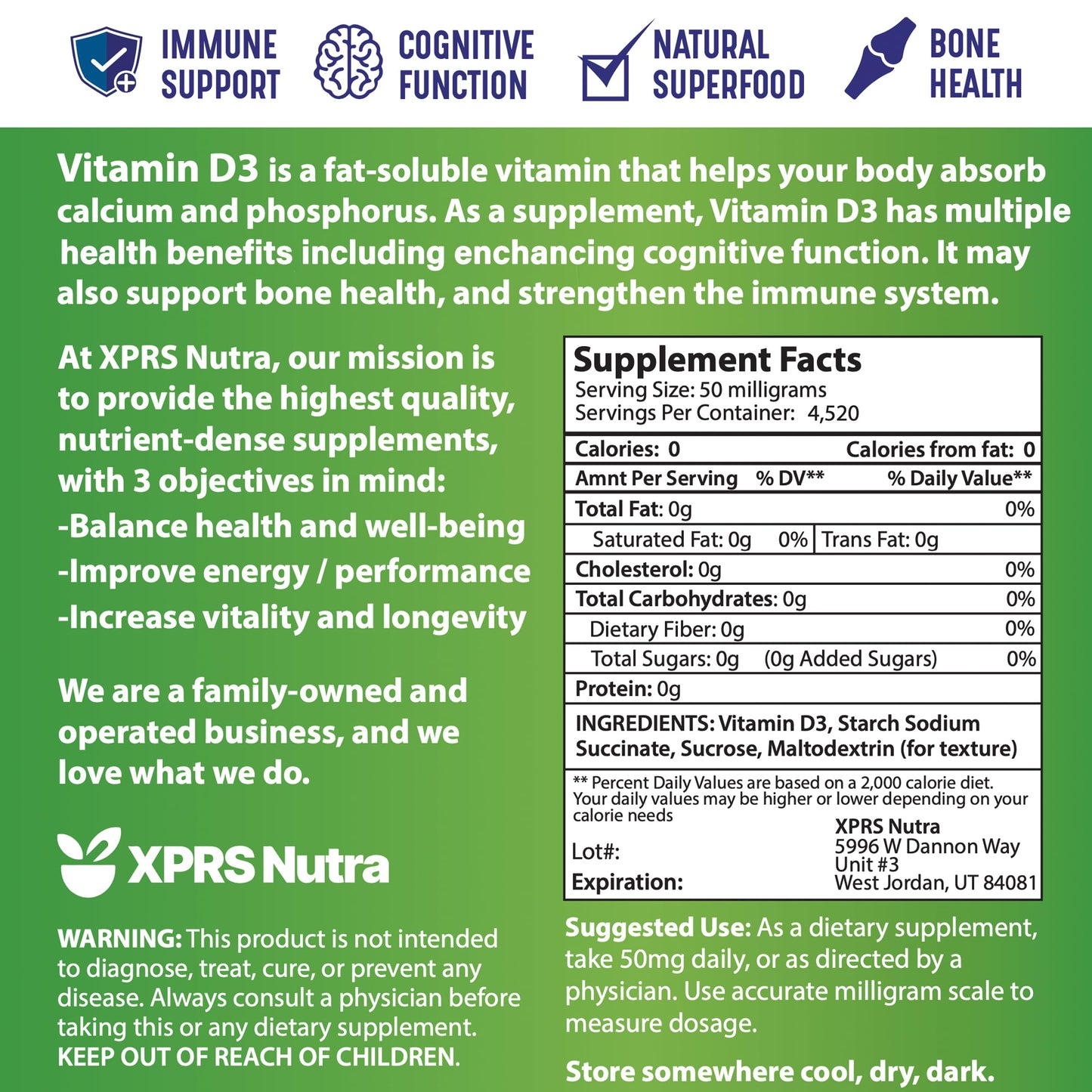 Polvo vitamina d3 XPRS Nutra 8oz versátil para recetas