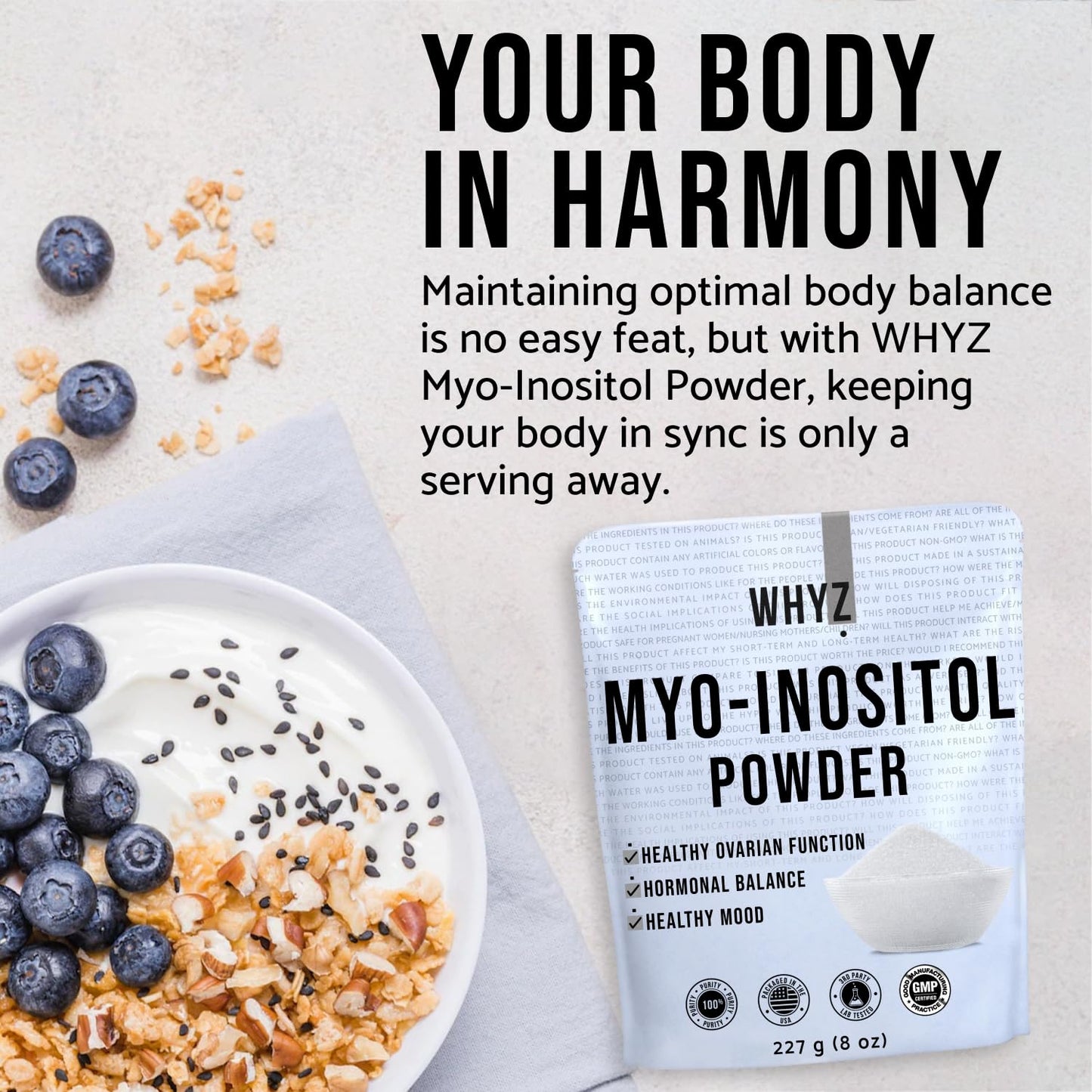Porciones de polvo mio-inositol para bienestar hormonal WHYZ