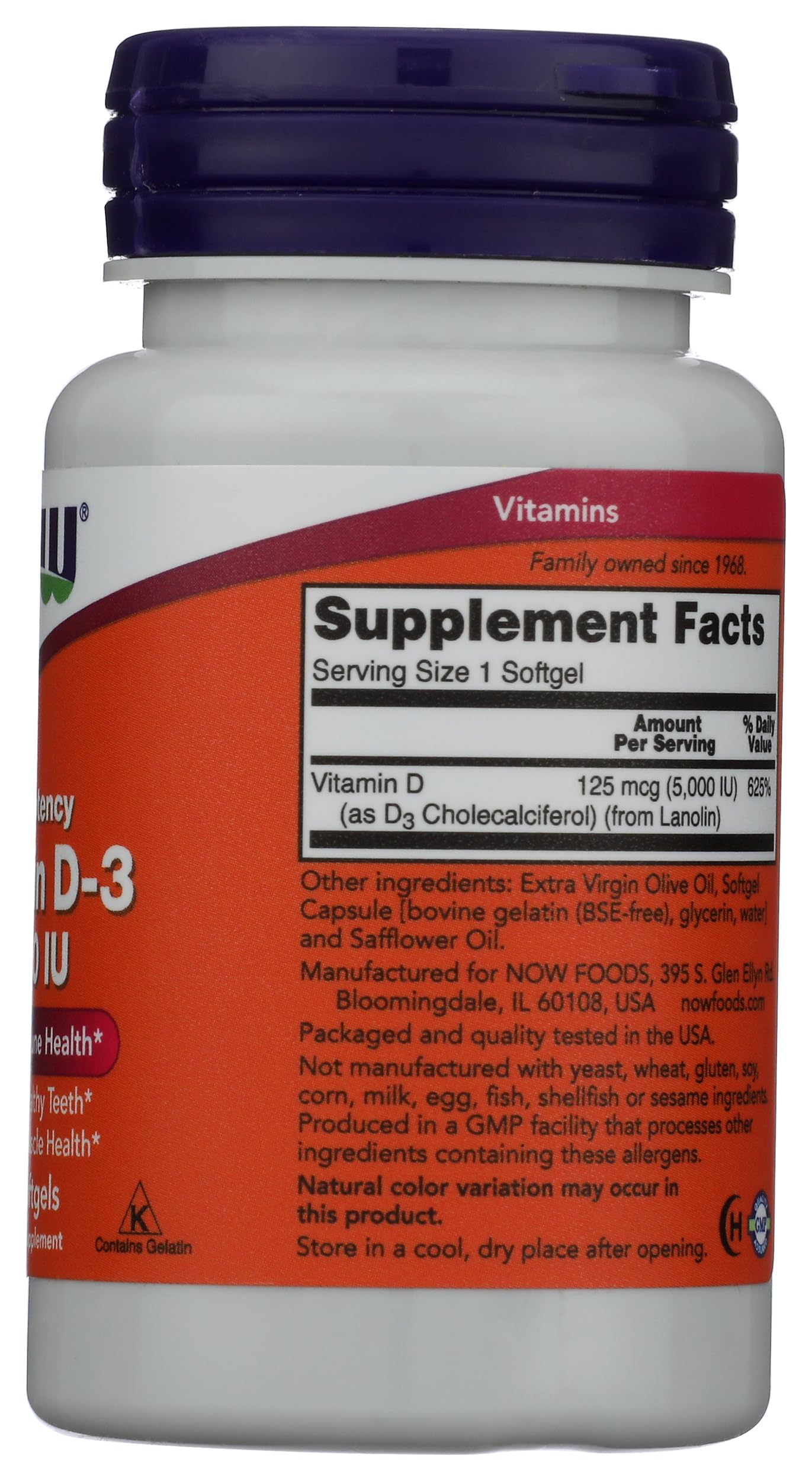 Presentación cápsulas vitamina D3 Now Foods 5000 IU