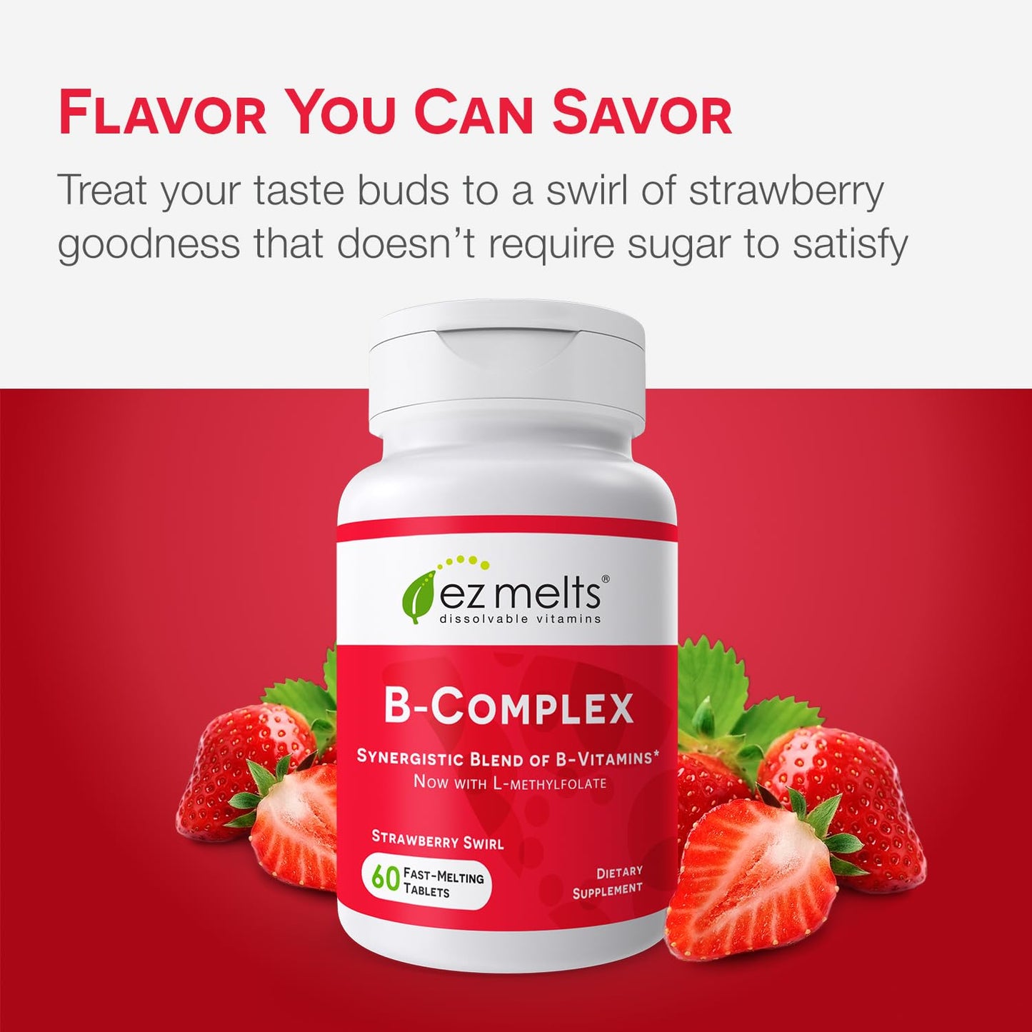 Presentación EZ Melts vitaminas B complex con sabor fresa
