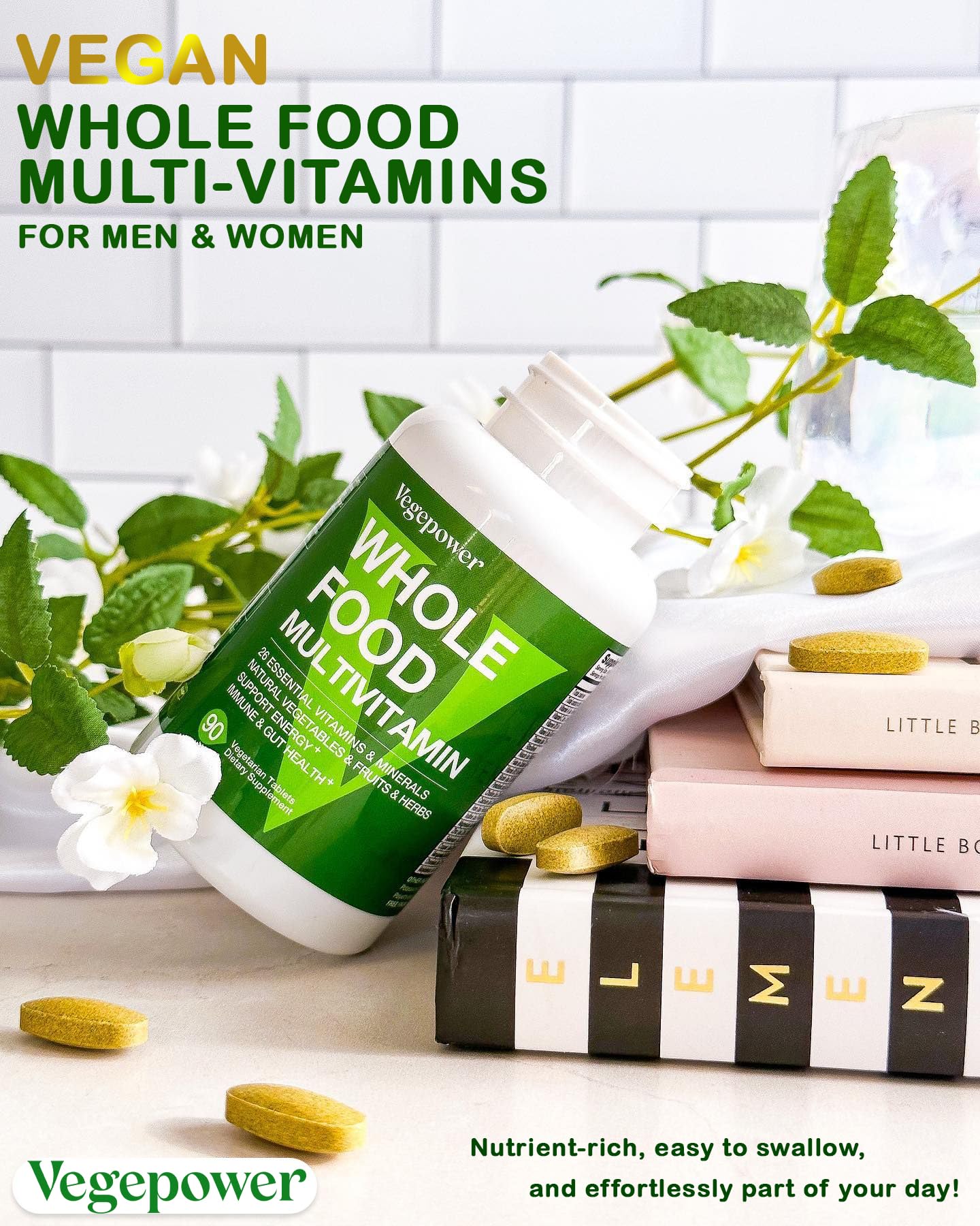 Presentación de multivitamínico VEGEPOWER en ambiente hogareño.
