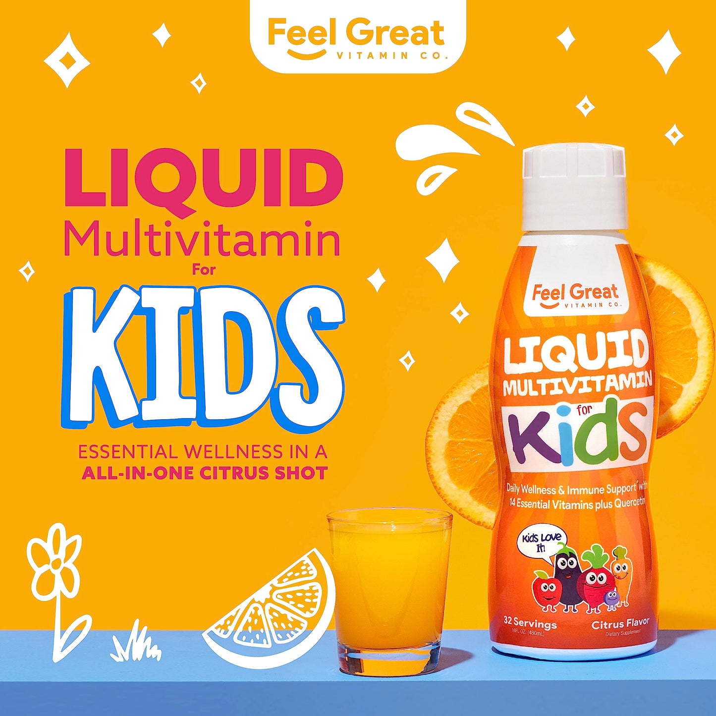 Presentación de vitaminas líquidas para niños con cítricos