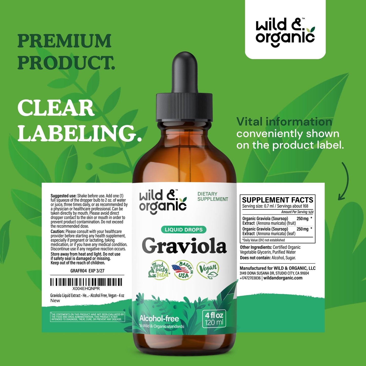 Producto Premium, etiquetado claro Wild & Organic Graviola