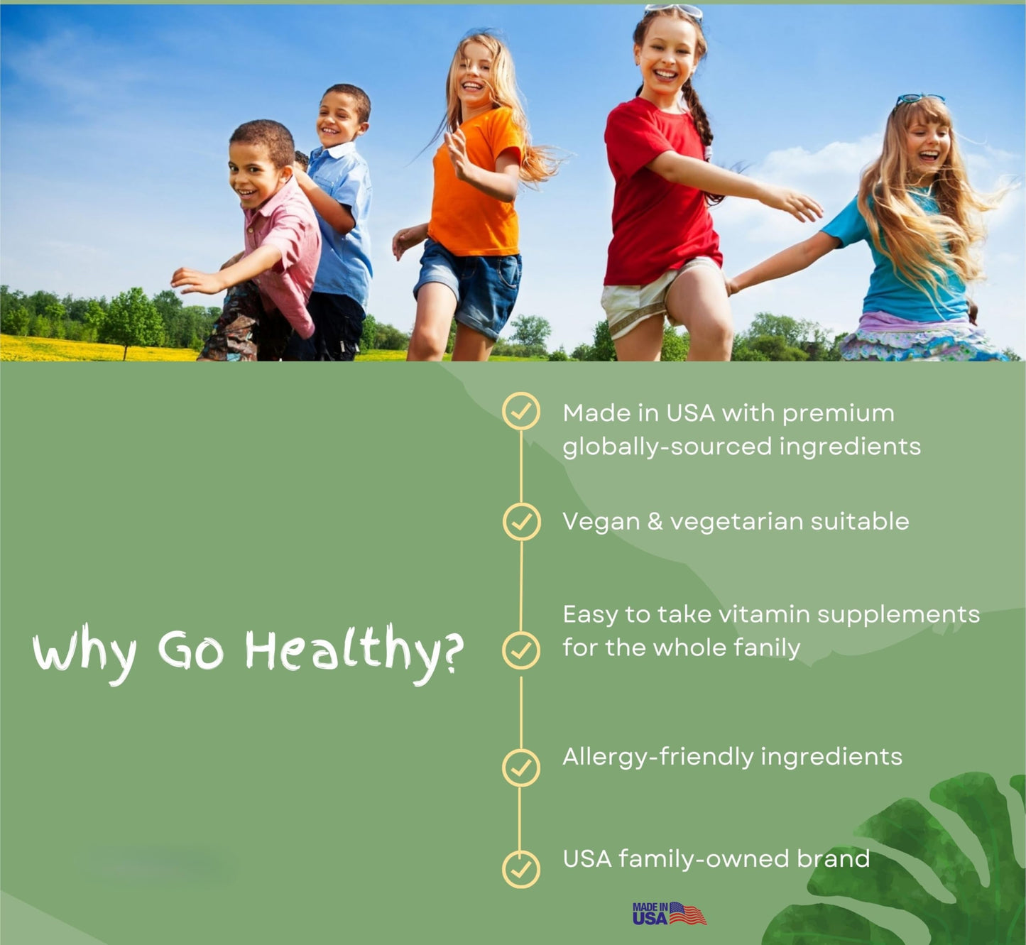 Promoción de Go Healthy Kids con niños felices al aire libre.
