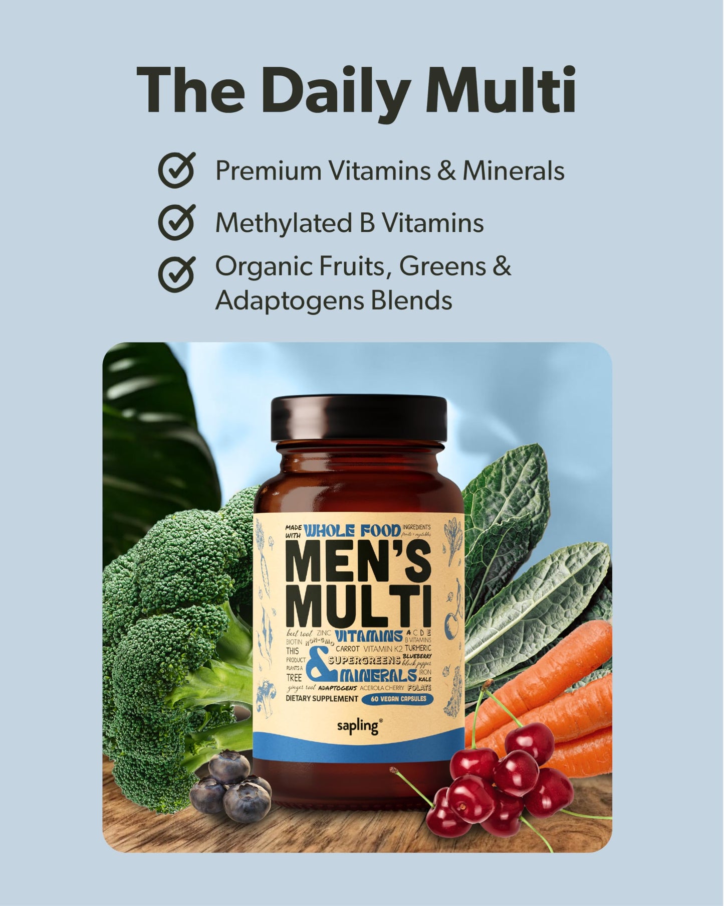 Promoción del multivitamínico para hombres con ingredientes premium.