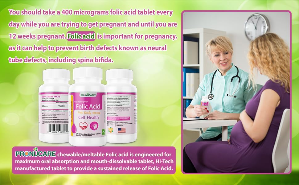 PRONUCARE ácido fólico masticable para salud y desarrollo fetal