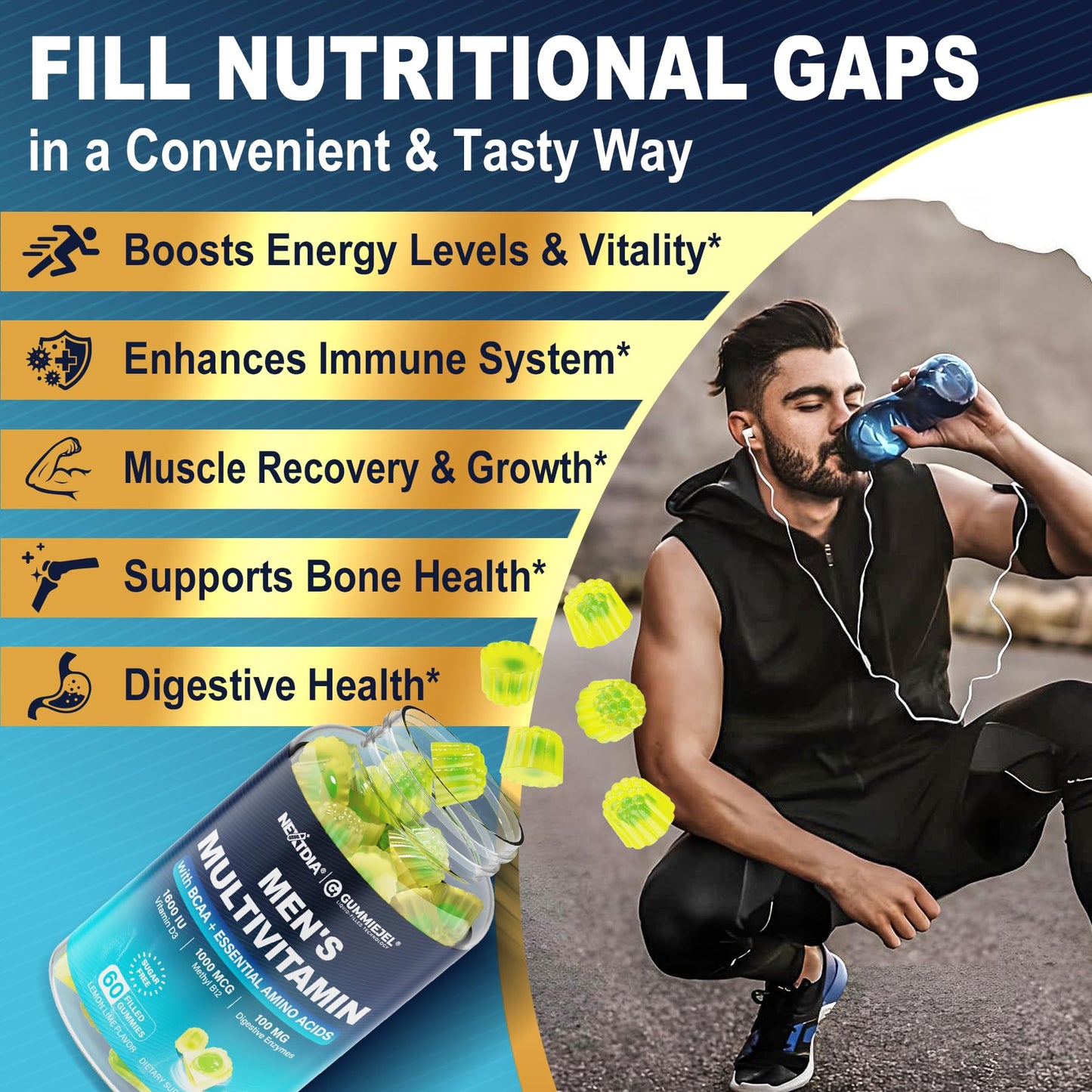 Lista de propiedades de las gomitas multivitamínicas para hombres, hechas en USA.